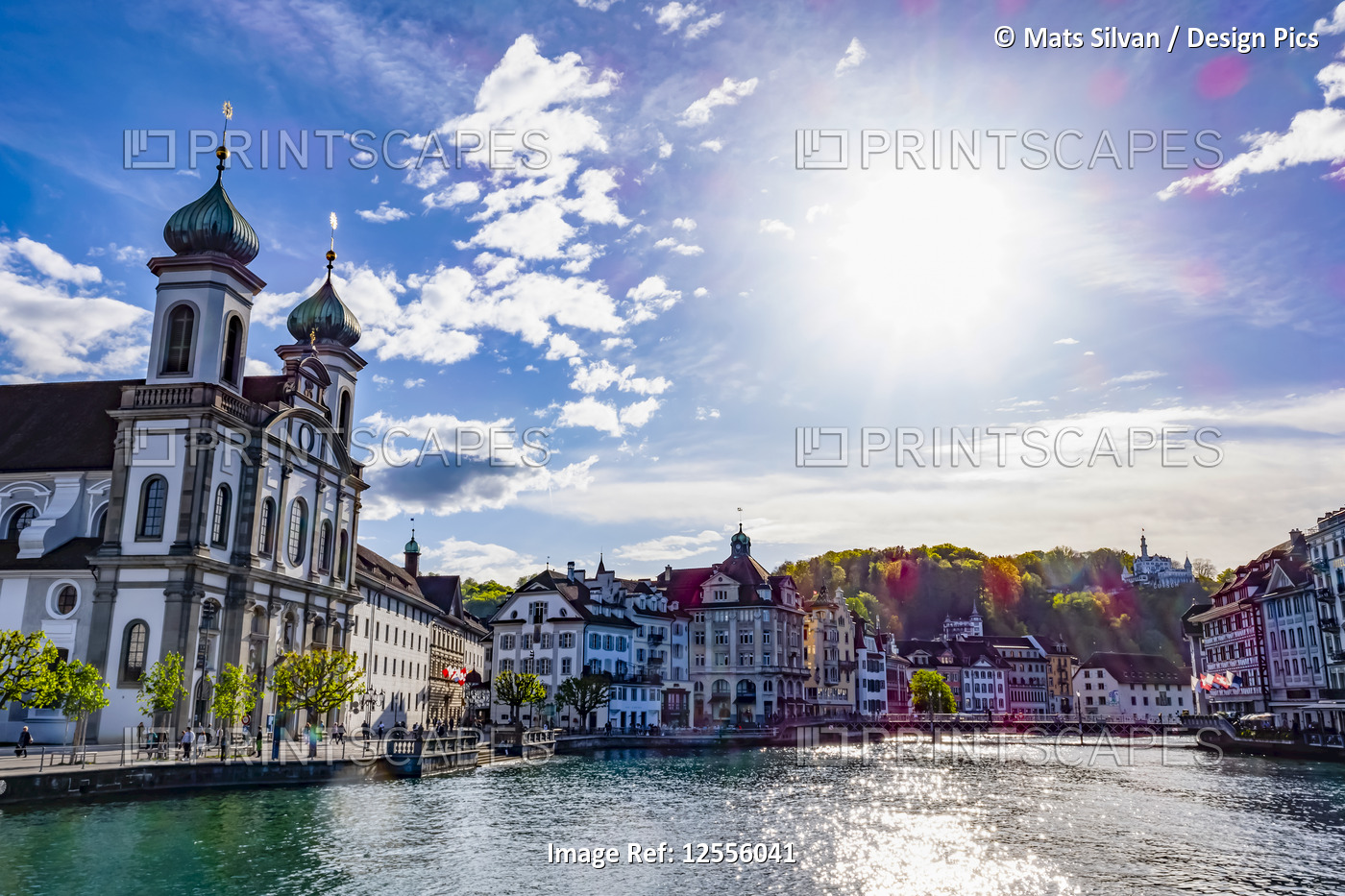 Jesuit church, promenade and buildings along Lake Lucerne; Lucerne, Lucerne, ...