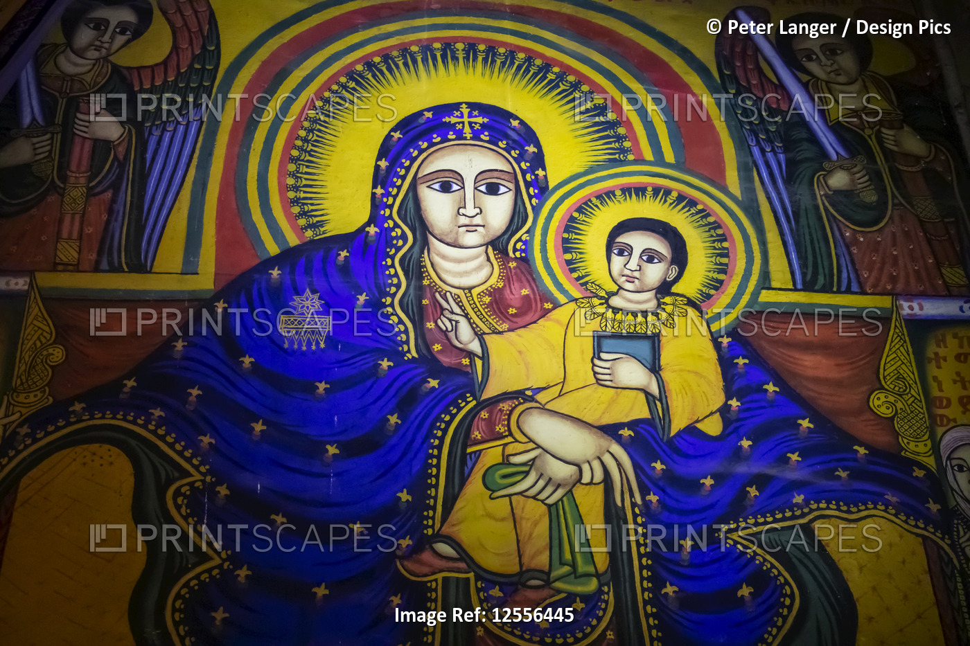 Ethiopian Orthodox ecclesiastical mural, depicting the Virgin and Child, in the ...