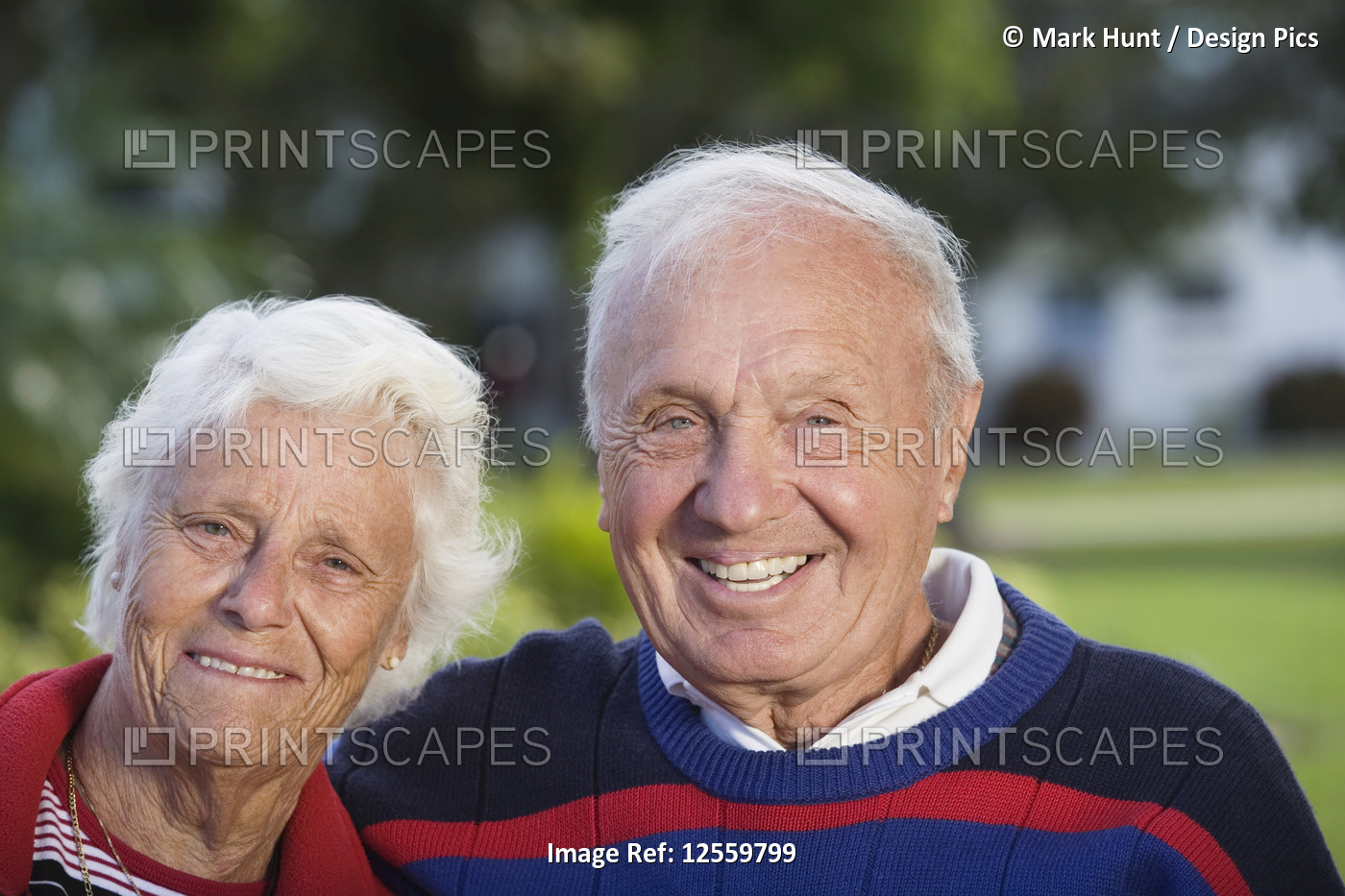 Portrait of a senior couple smiling in a park.