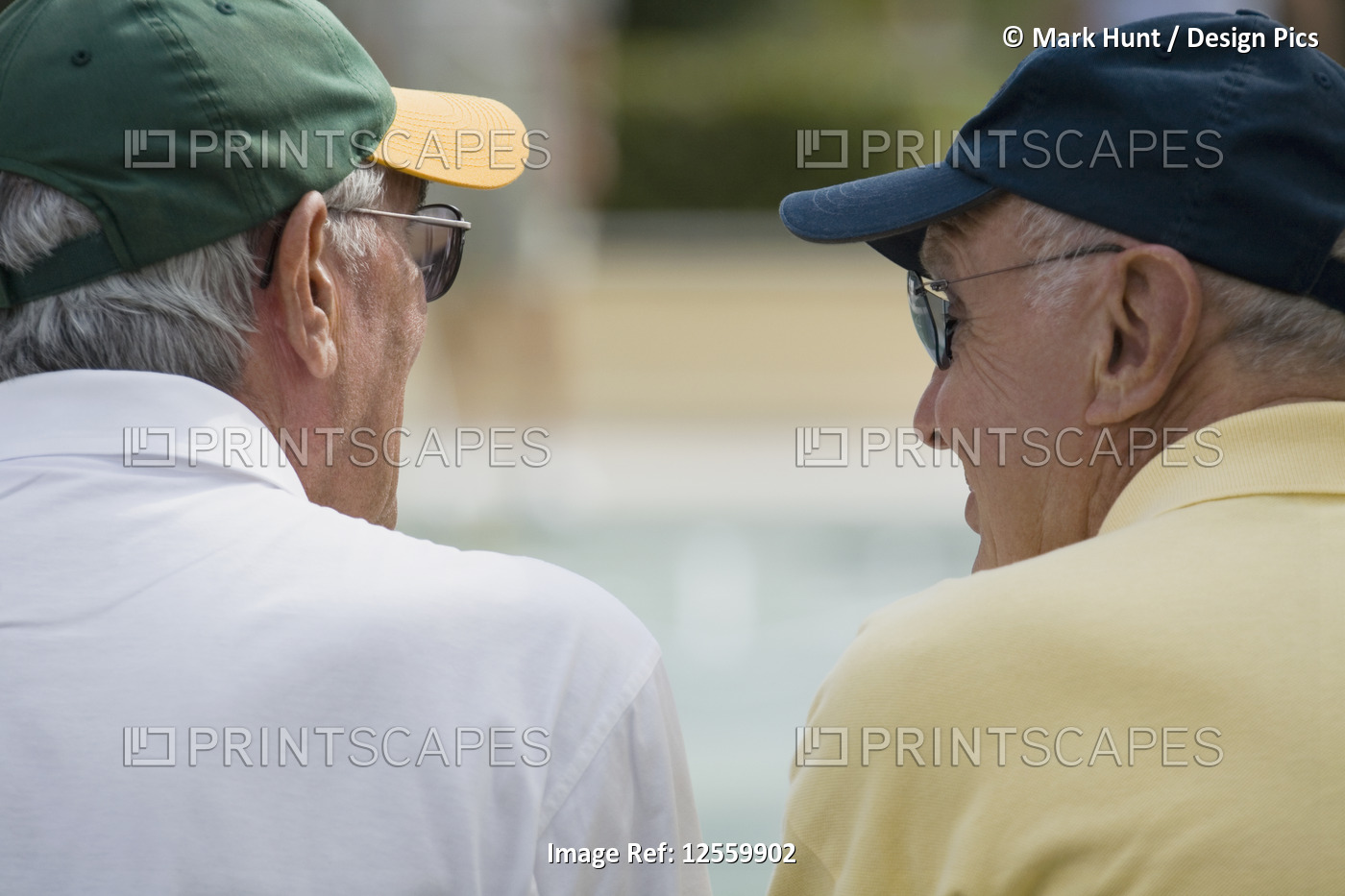 Rear view of two senior men