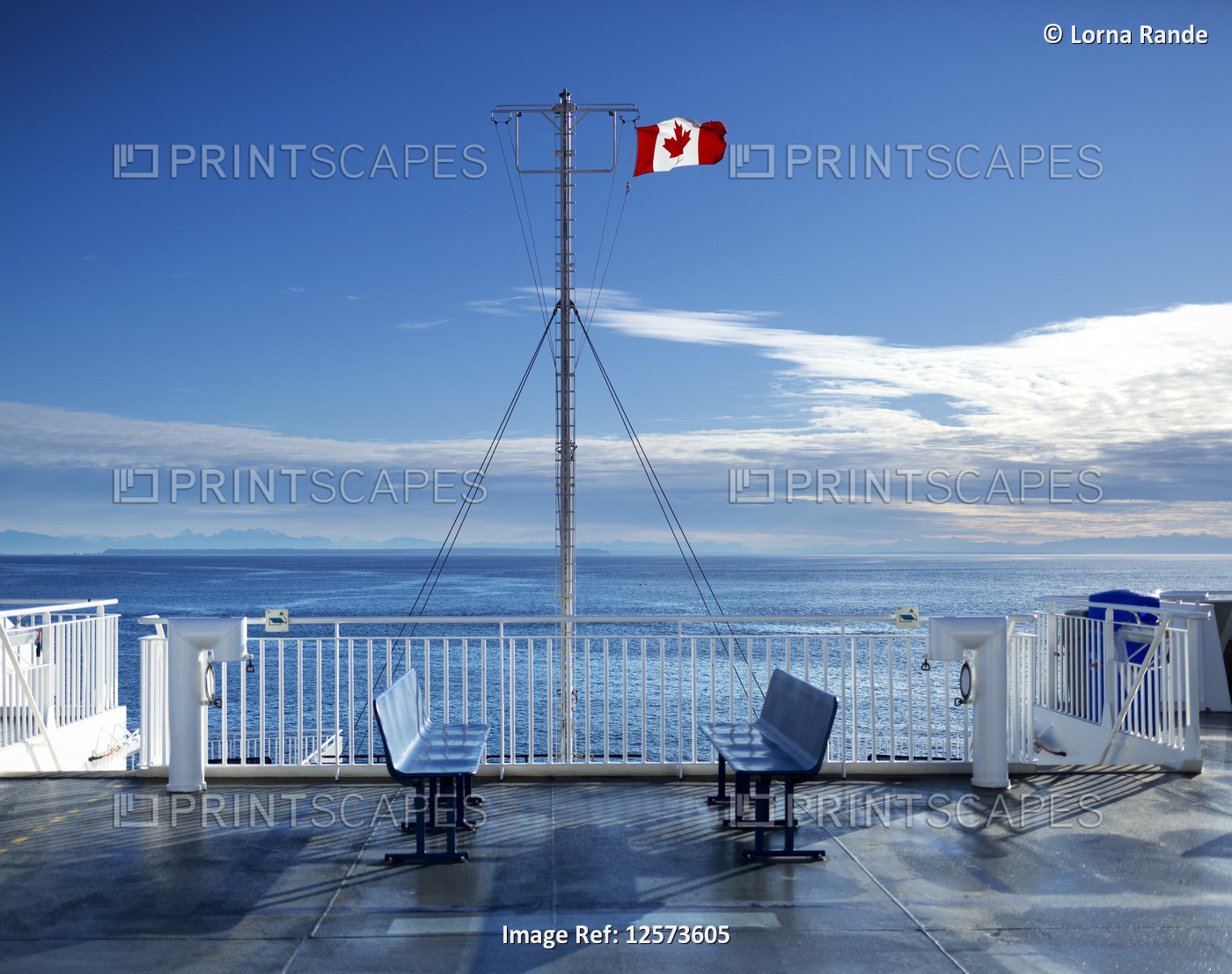 Deck of the new BC Ferry with a Canadian Flag, going to Mayne Island; British ...