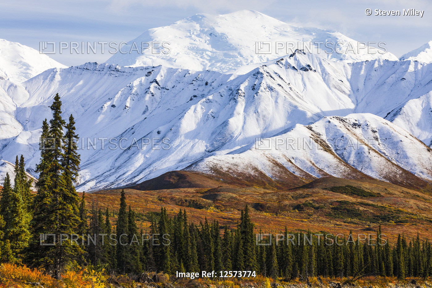 Fresh snow coats the mountains in autumn in Denali National Park and Preserve; ...
