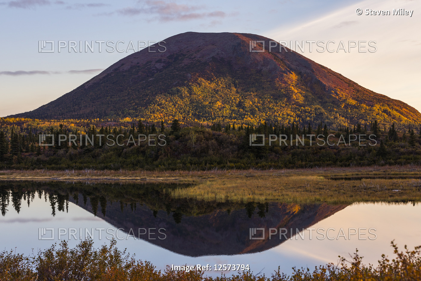 Donnelly Dome reflects in Donnelly Lake at sunrise in the autumn; Alaska, ...