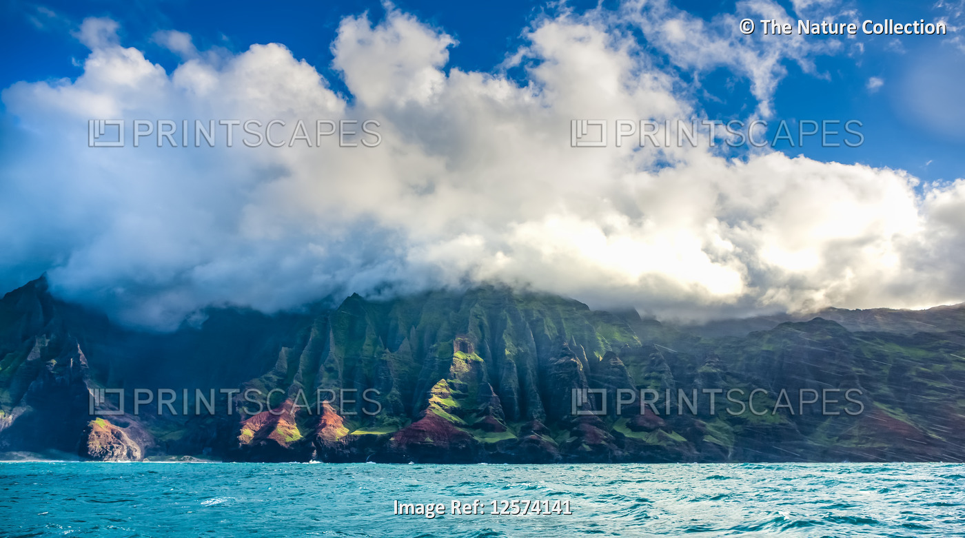 Colourful cliffs along the Na Pali coast, Kalalu Valley; Kauai, Hawaii, United ...