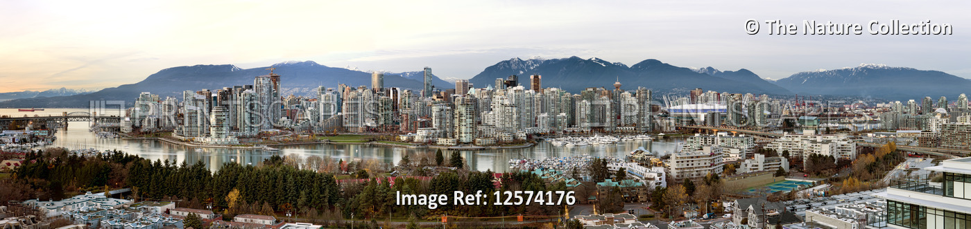 Panoramic cityscape of Vancouver, BC at dusk; Vancouver, British Columbia, ...