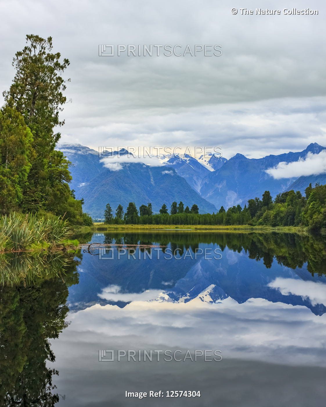 Reflection of trees and mountains in tranquil Matheson Lake; South Island, New ...