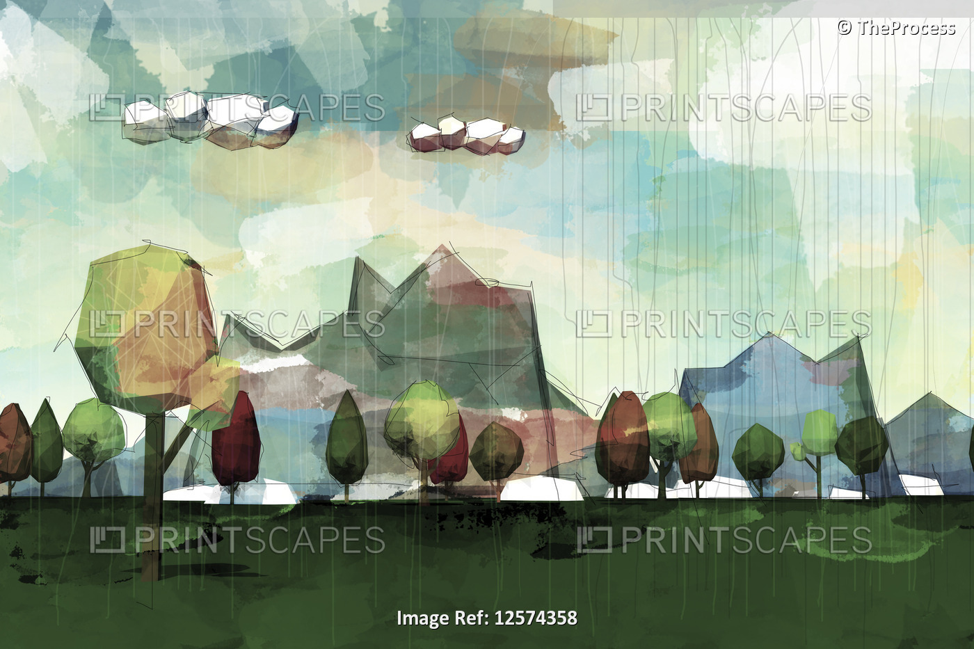 Mixed media artwork of trees, mountains and a moody sky