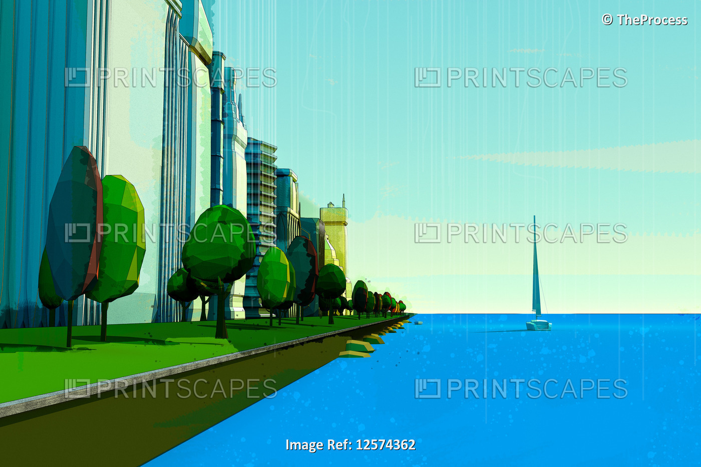 Mixed media artwork on an urban coastline with buildings and sailboat