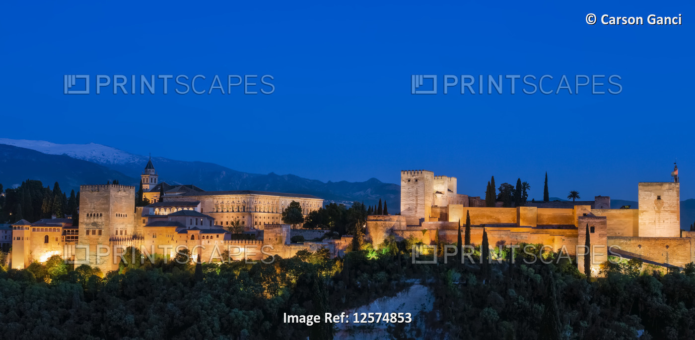 Alhambra, a palace and fortress complex, at dusk; Granada, Andalusia, Spain