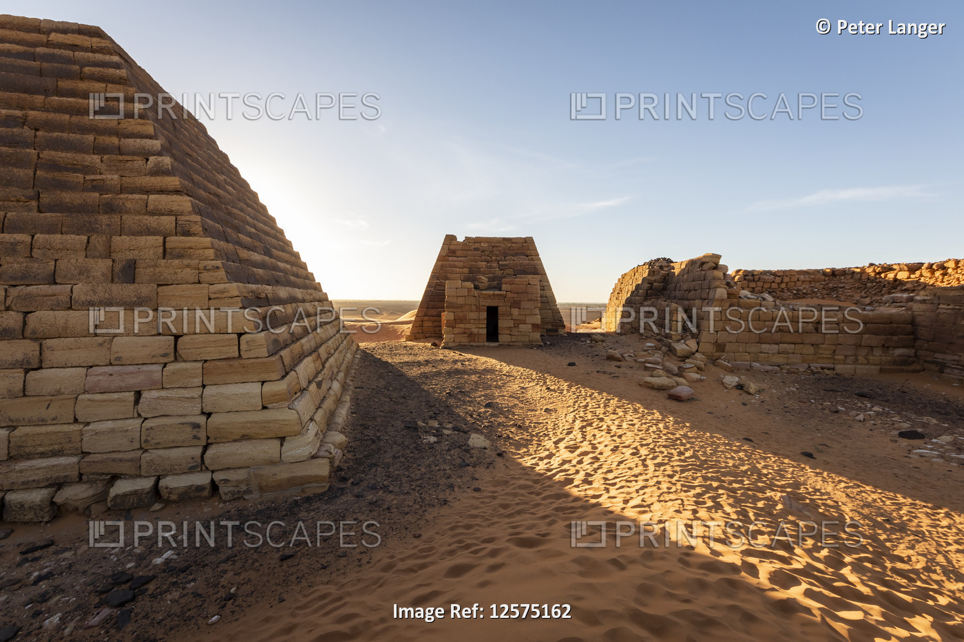 Pyramids and reconstructed chapel in the Northern Cemetery at Begarawiyah, ...