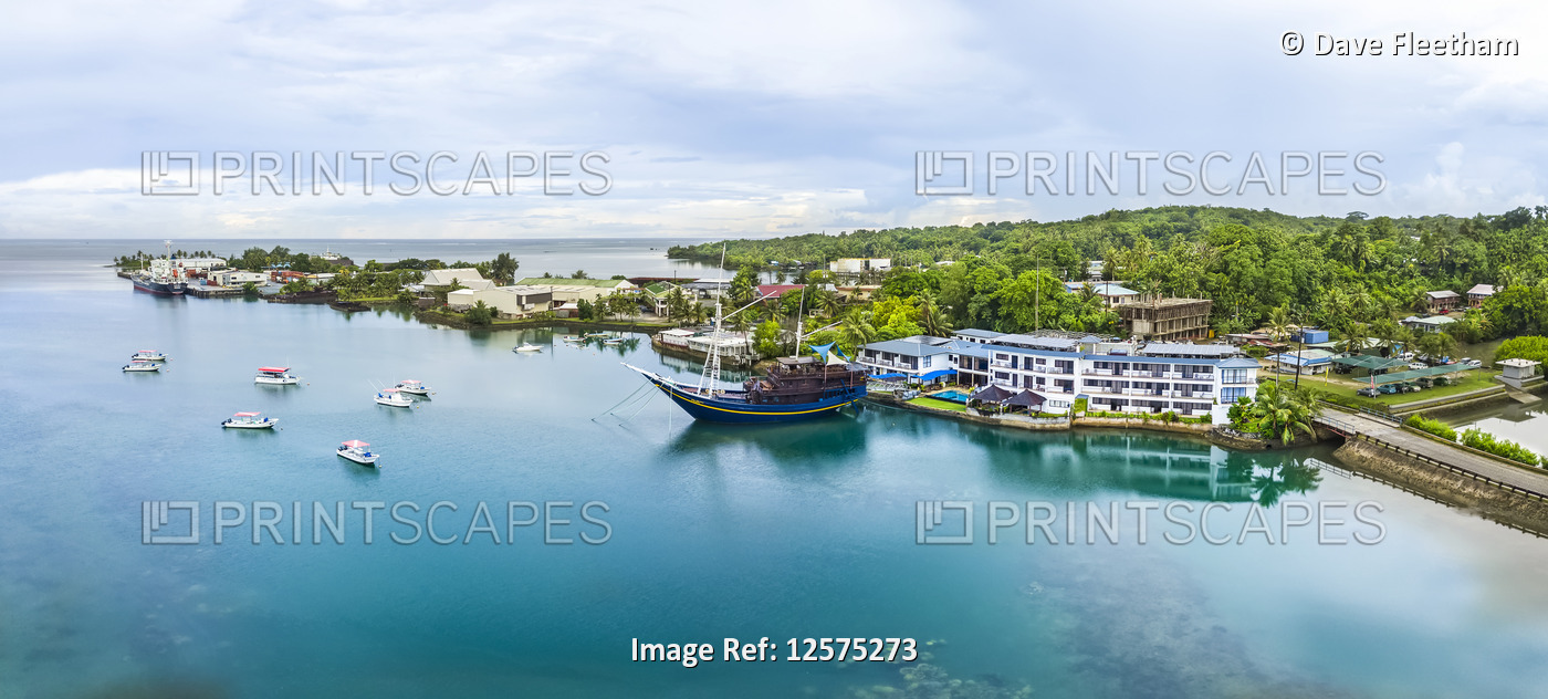 An aerial view of the Manta Ray Bay Resort in the town of Colonia on the island ...