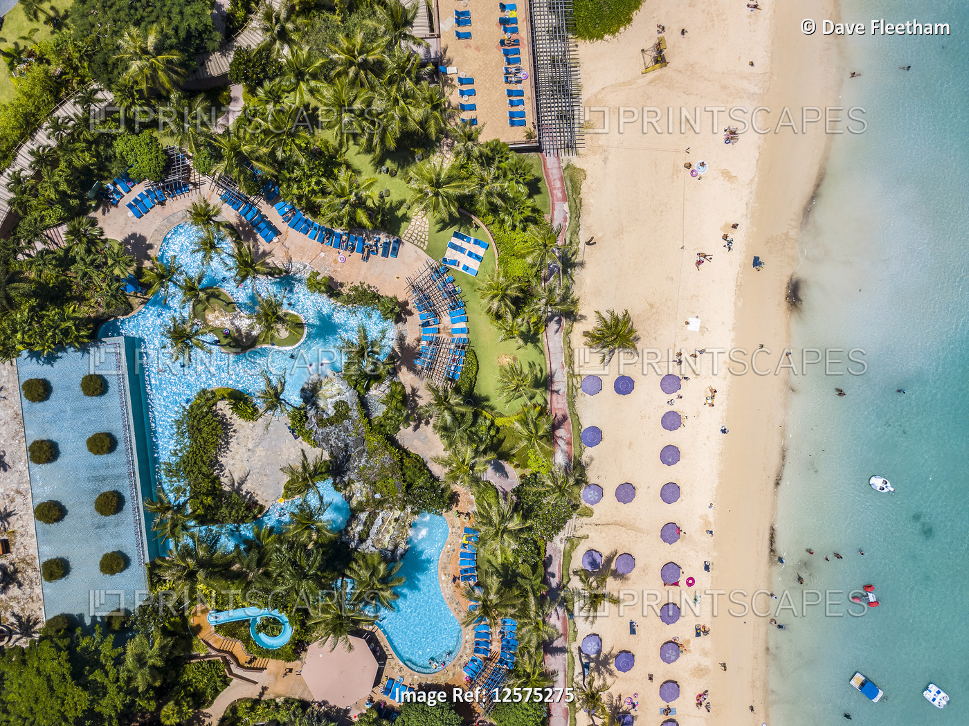 An aerial of the pool and beach at the Outrigger Hotel on Tumon Bay; Guam, ...