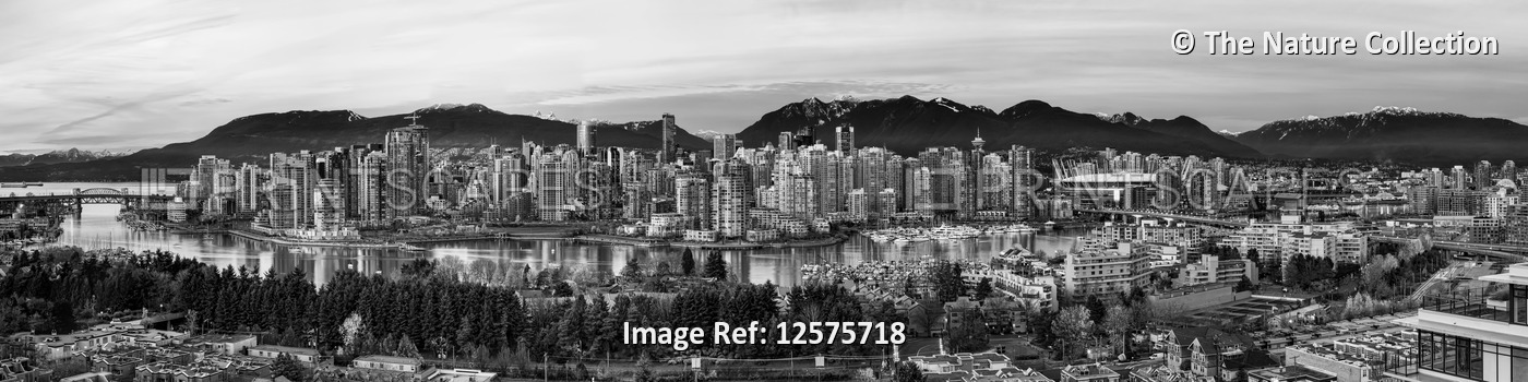 Black and white panorama of the city of Vancouver at night; Vancouver, British ...
