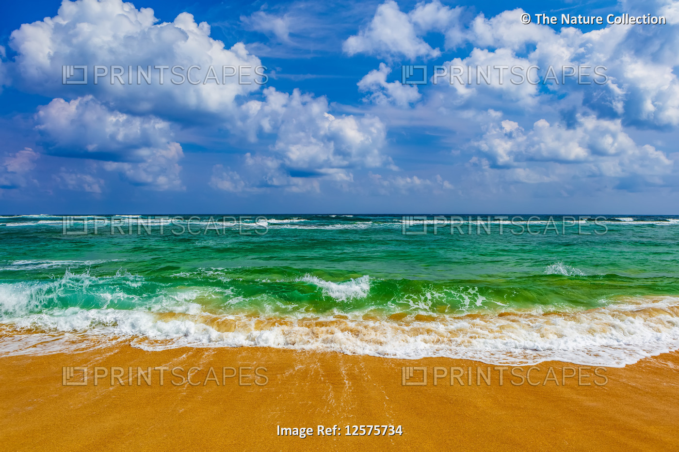 Turquoise water from the pacific ocean washing up on the beach of golden sand; ...