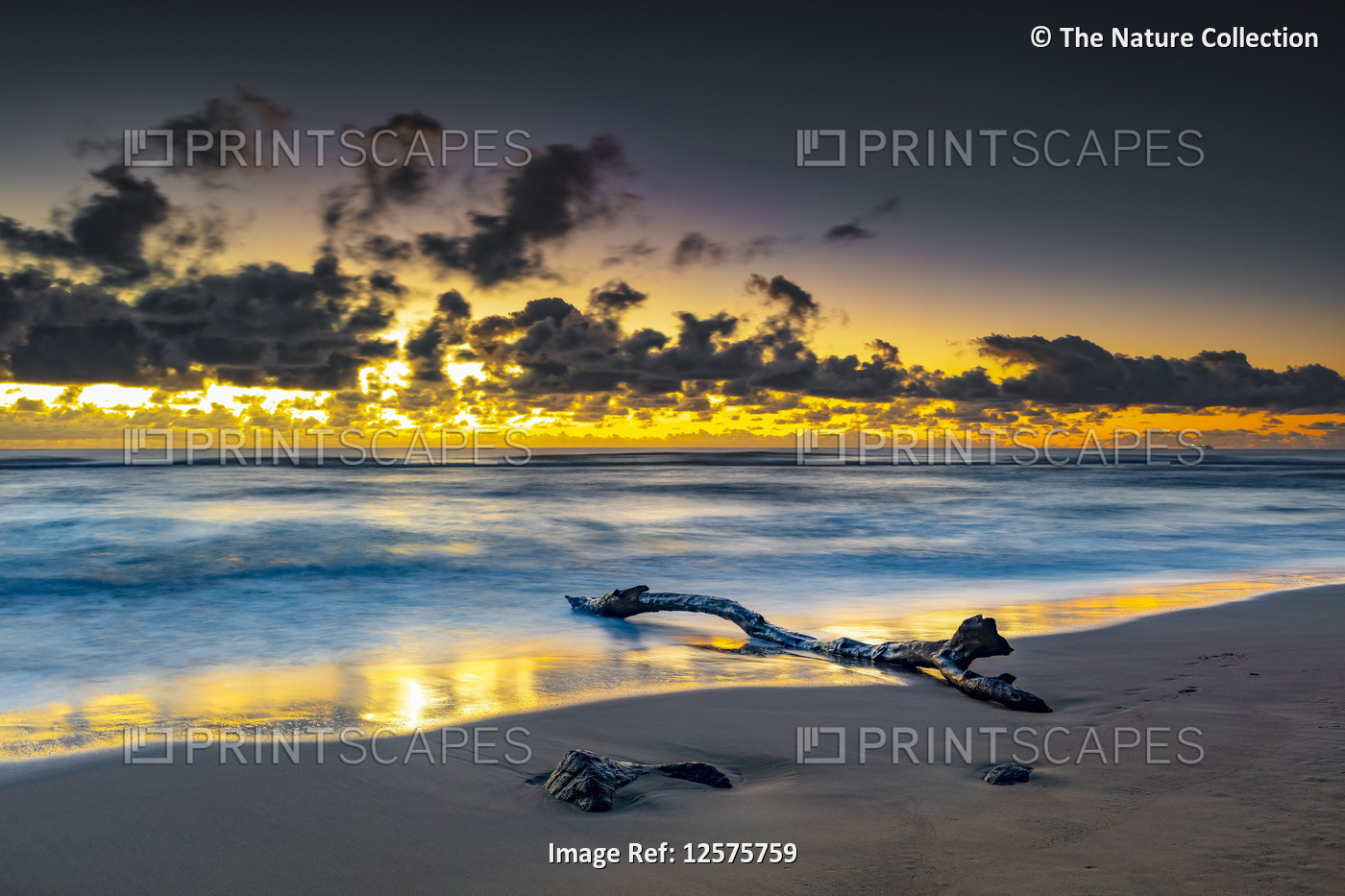 Sunrise over the Pacific Ocean from the shore of Lydgate Beach; Kapaa, Kauai, ...