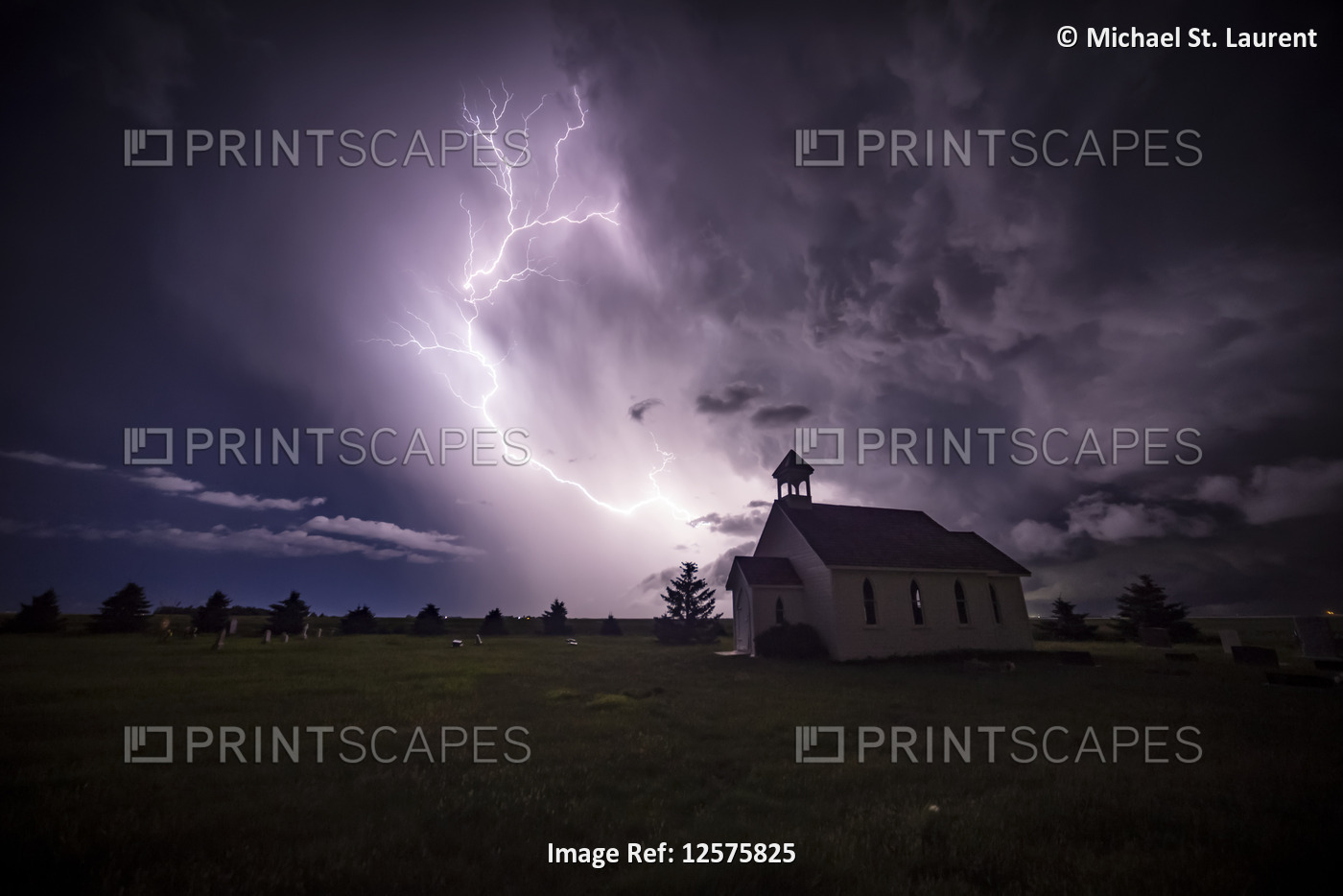 Beautiful and bright electrical storm with a church in the foreground; Moose ...