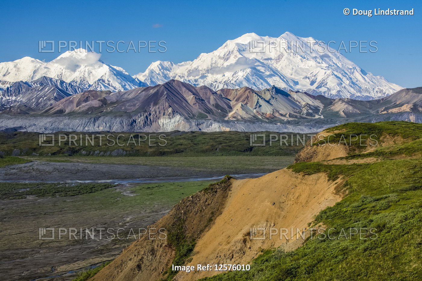 Denali and part of the Alaska Range shows from the park road past Eielson ...