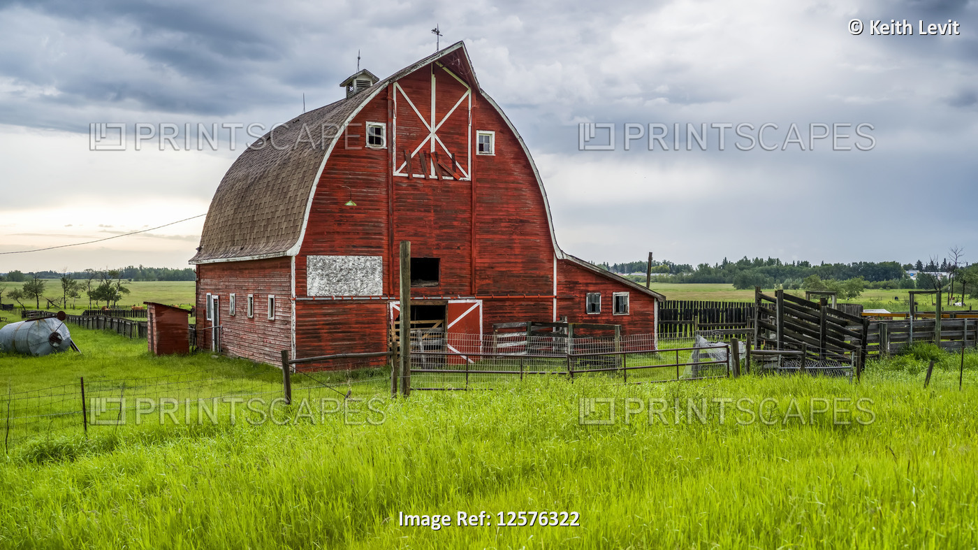 Red barn in the Alberta prairies, Camrose County; Alberta, Canada