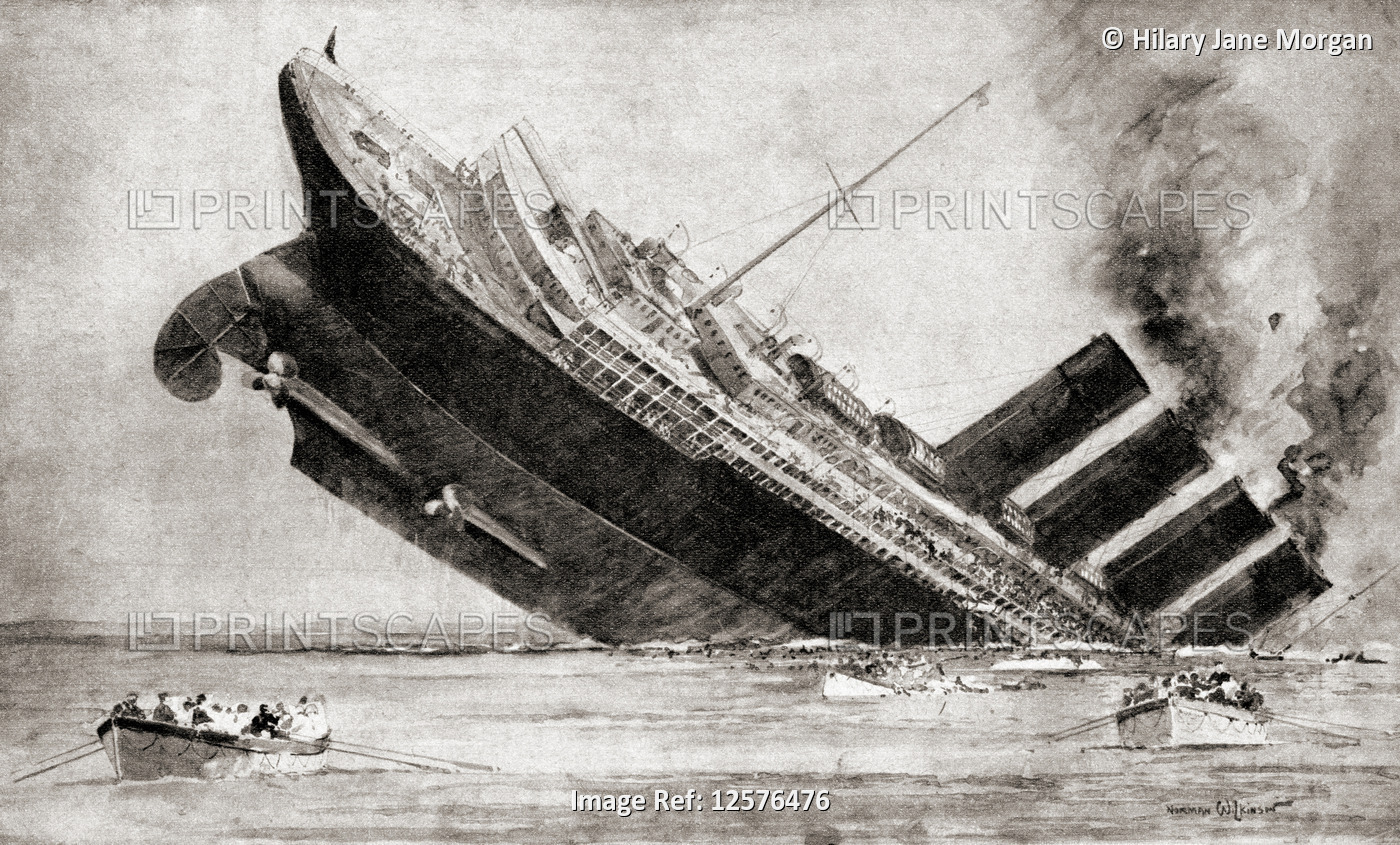 The sinking of the RMS Lusitania in 1915 in the English channel, she was ...