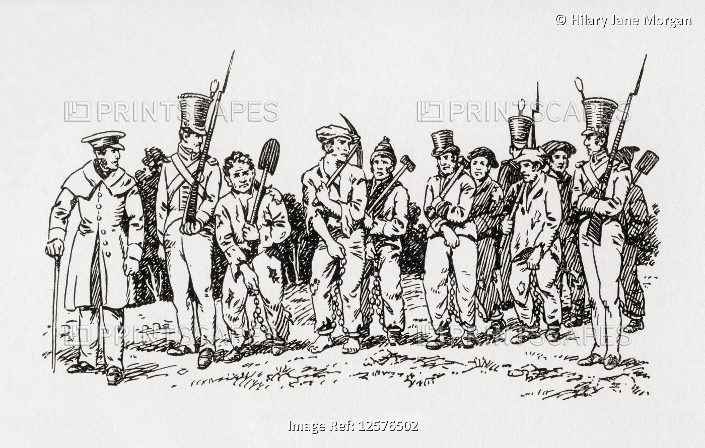 A Hobart chain-gang, a group of prisoners chained together to perform menial or ...