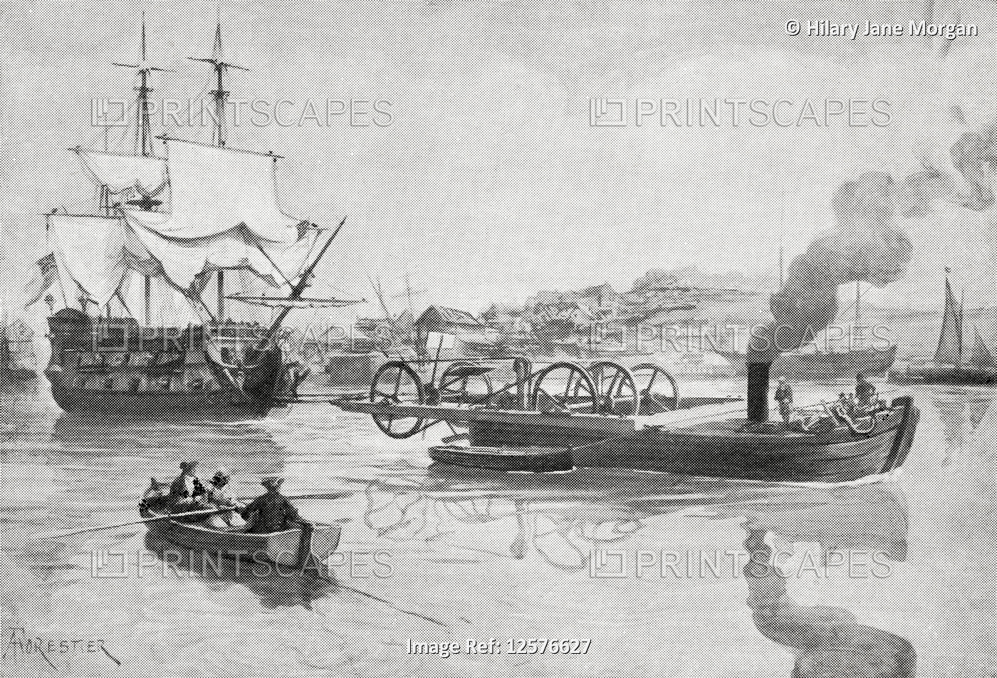 One of the first successful steam boats, Jonathan Hulls steam tug, 1737.  From ...