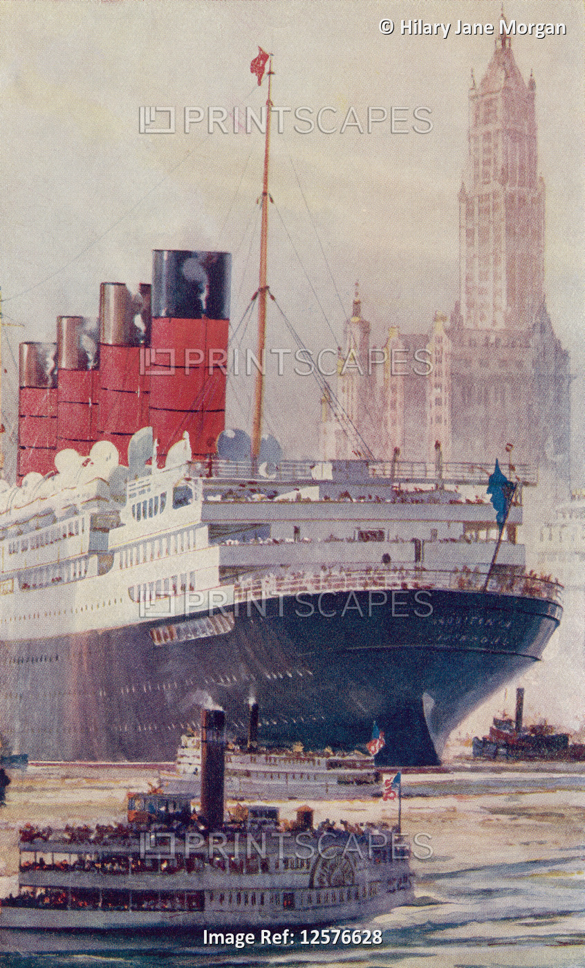 The British ocean liner RMS Lusitania on the Hudson River, New York in 1909, ...