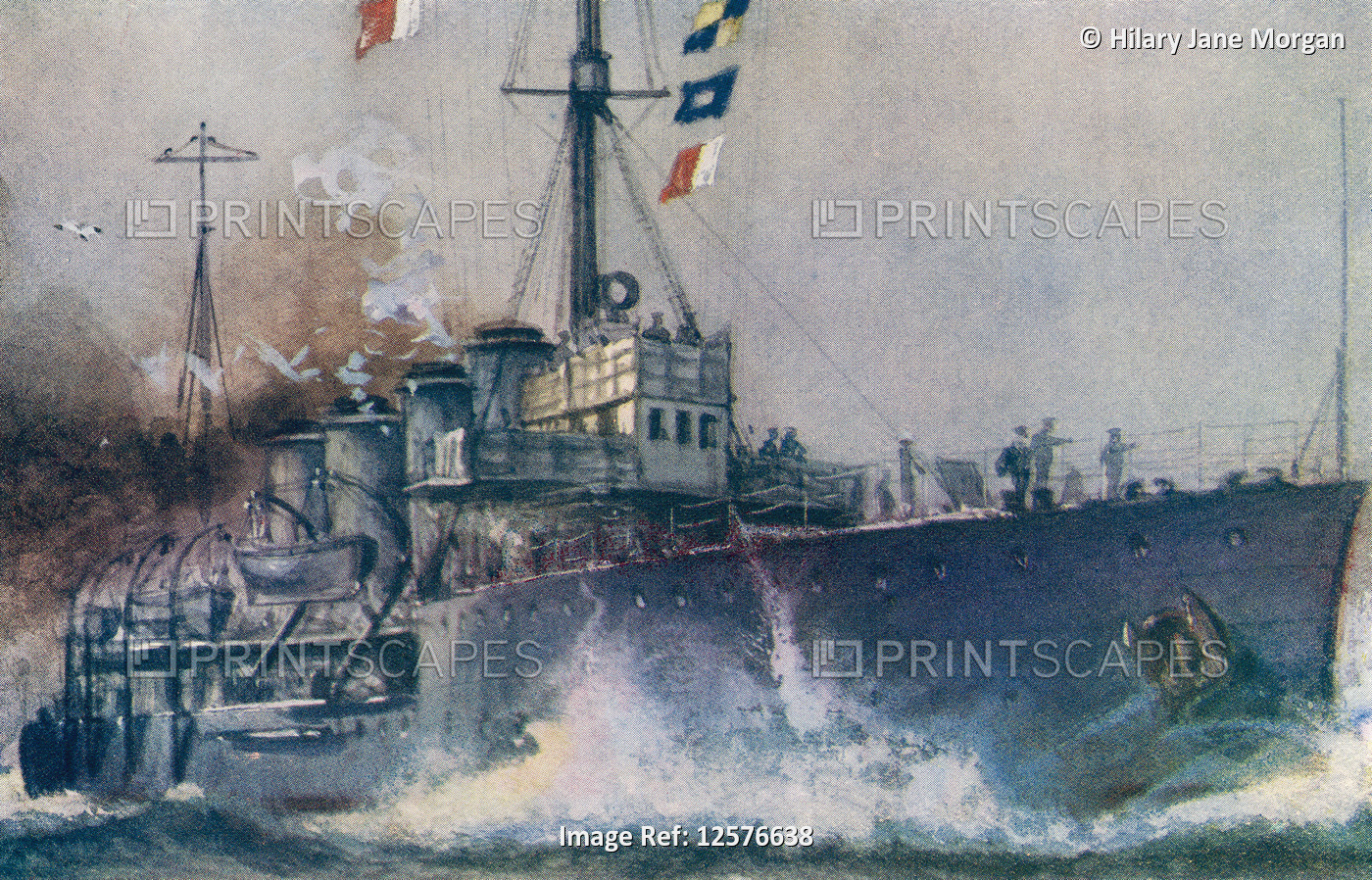 A light cruiser at sea, early 20th century.  From The Book of Ships, published ...