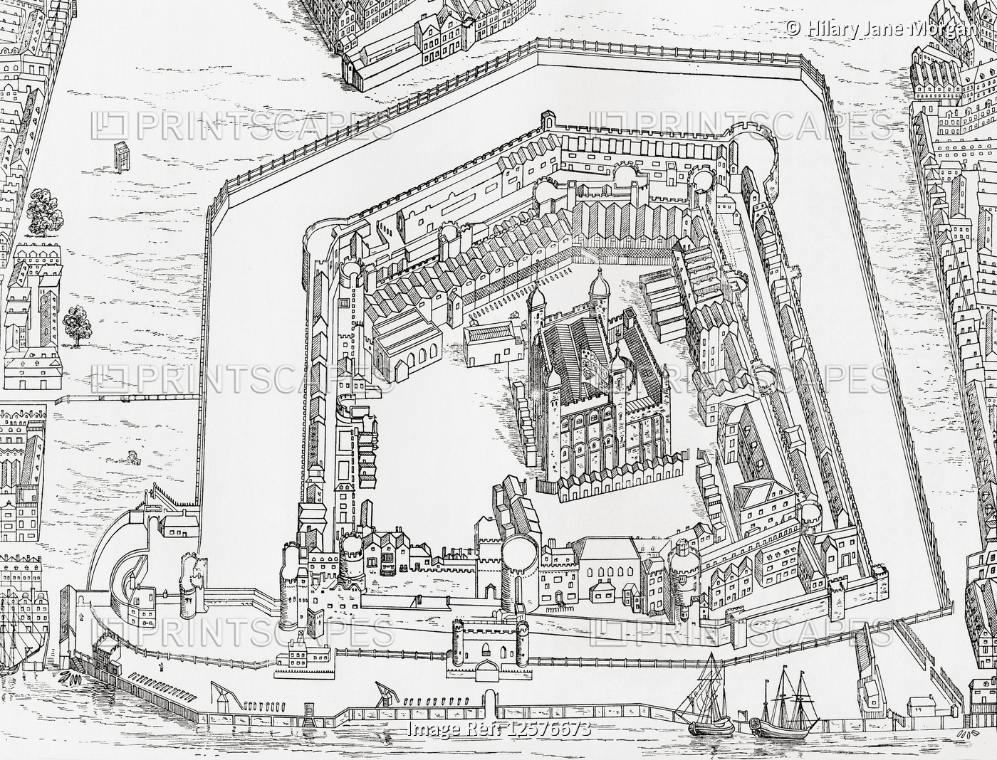A bird's eye view of the Tower of London, London, England in 1688.  From London ...