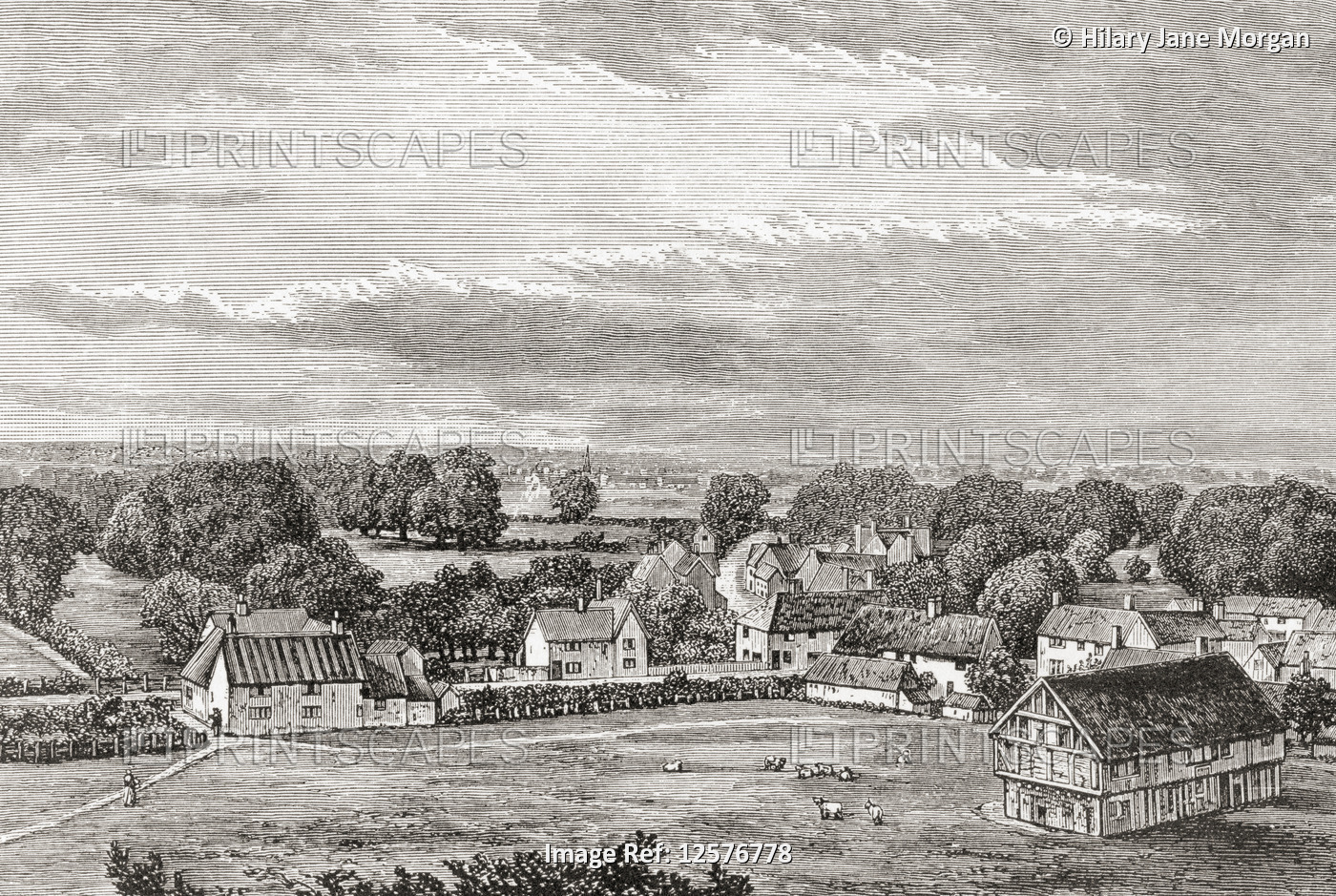 Elstow village green, Elstow, Bedfordshire, seen here in the 19th century.  ...