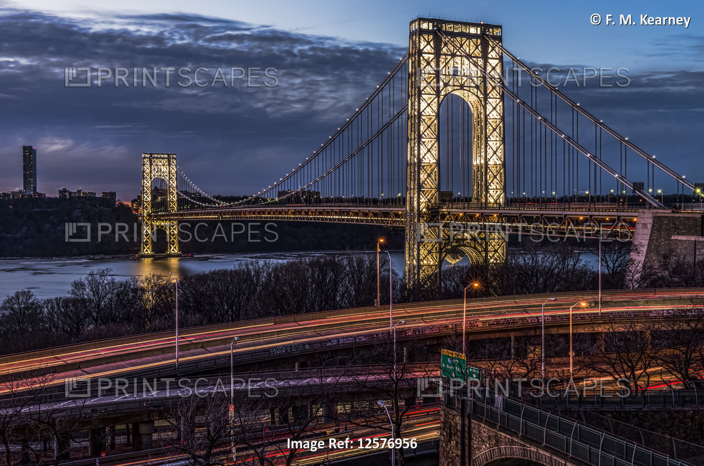 George Washington Bridge at twilight, lit specialty for Martin Luther King Jr. ...