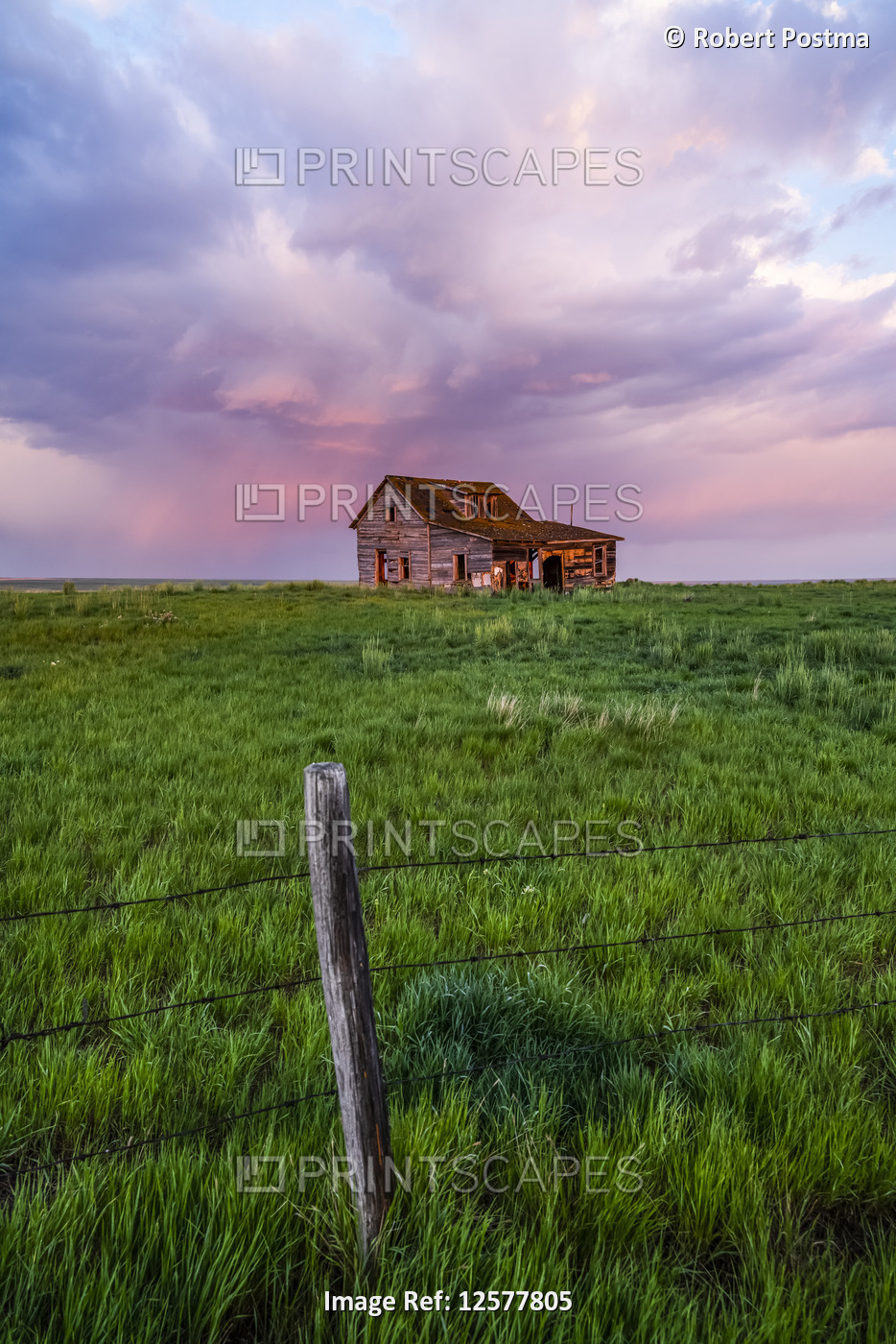 Abandoned barn on farmland with storm clouds glowing pink; Val Marie, ...