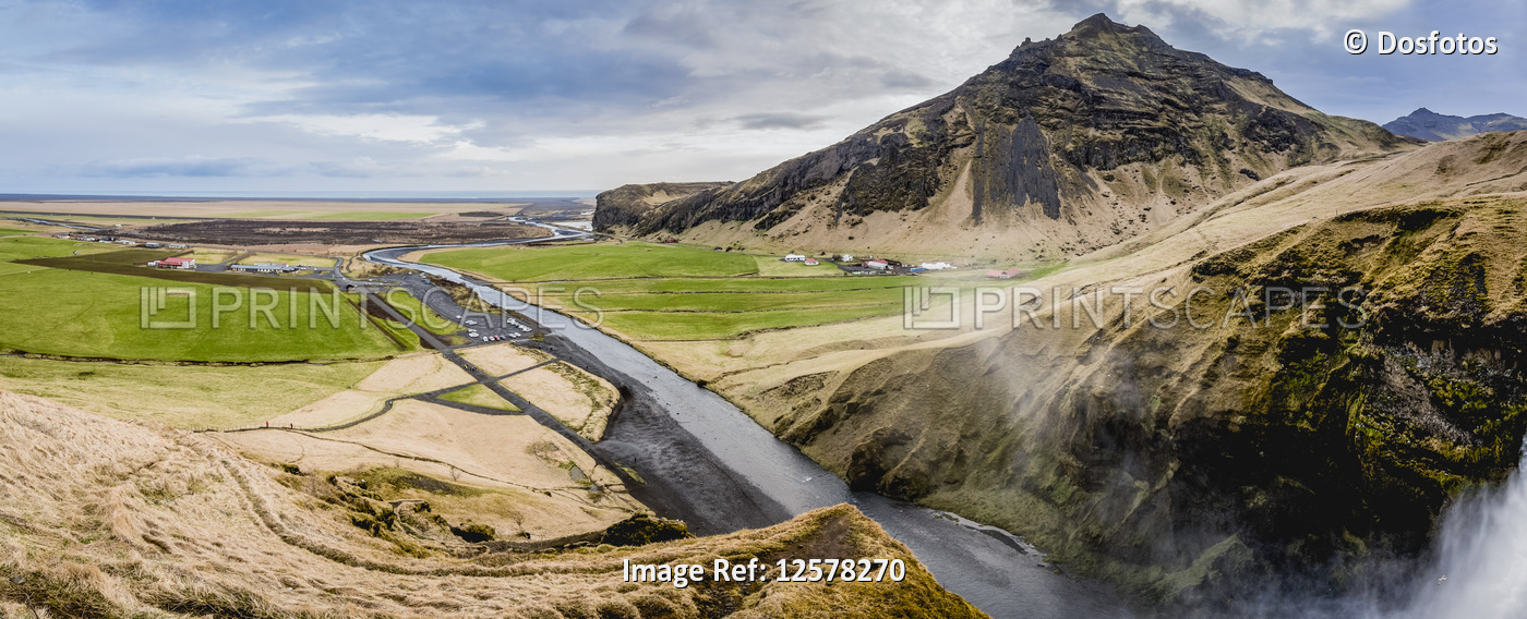 Skogafoss, a landmark waterfall, and Skoga River; Iceland