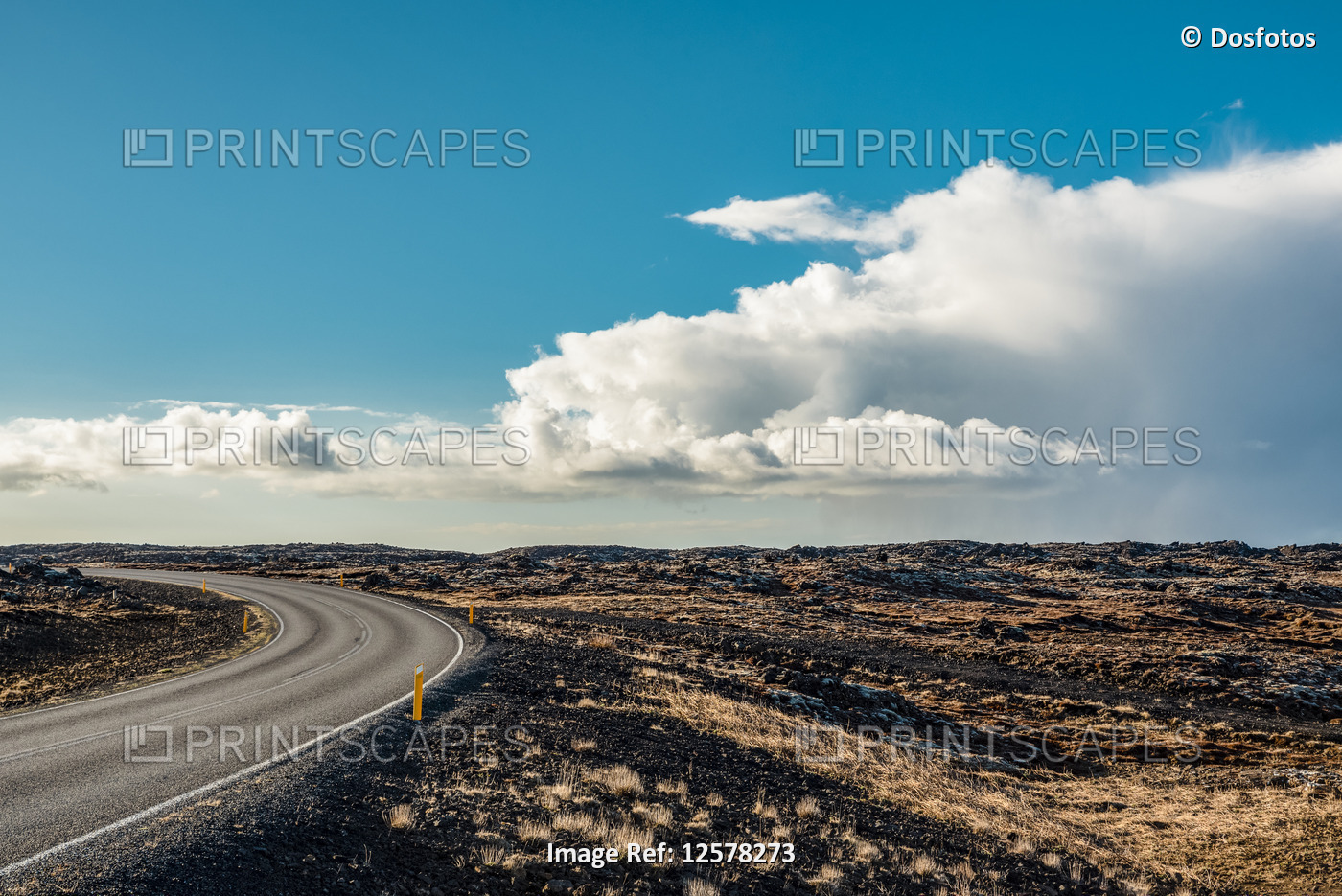 Volcanic landscape and curving road, Reykjanes Peninsula; Iceland