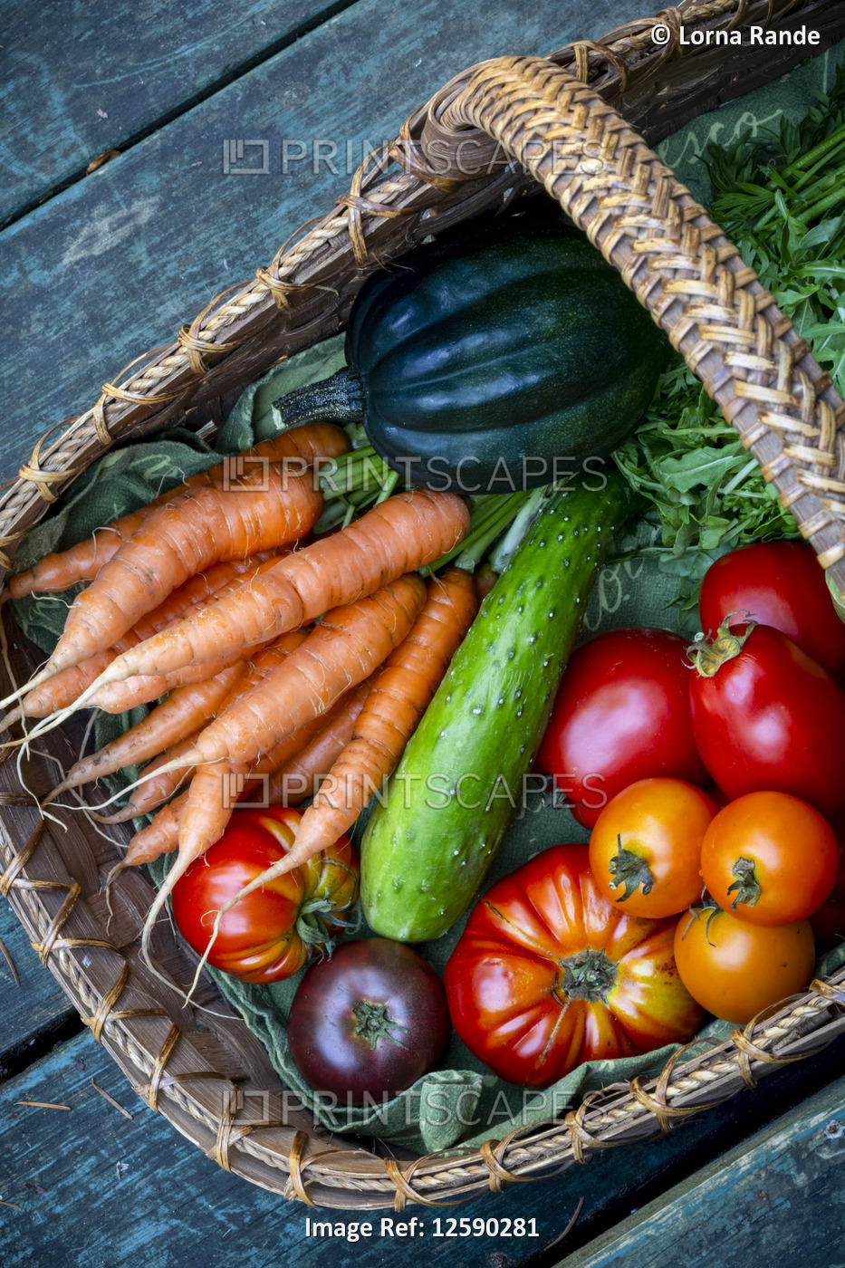 Basket of a variety of fresh produce; Mayne Island, Gulf Islands, British ...