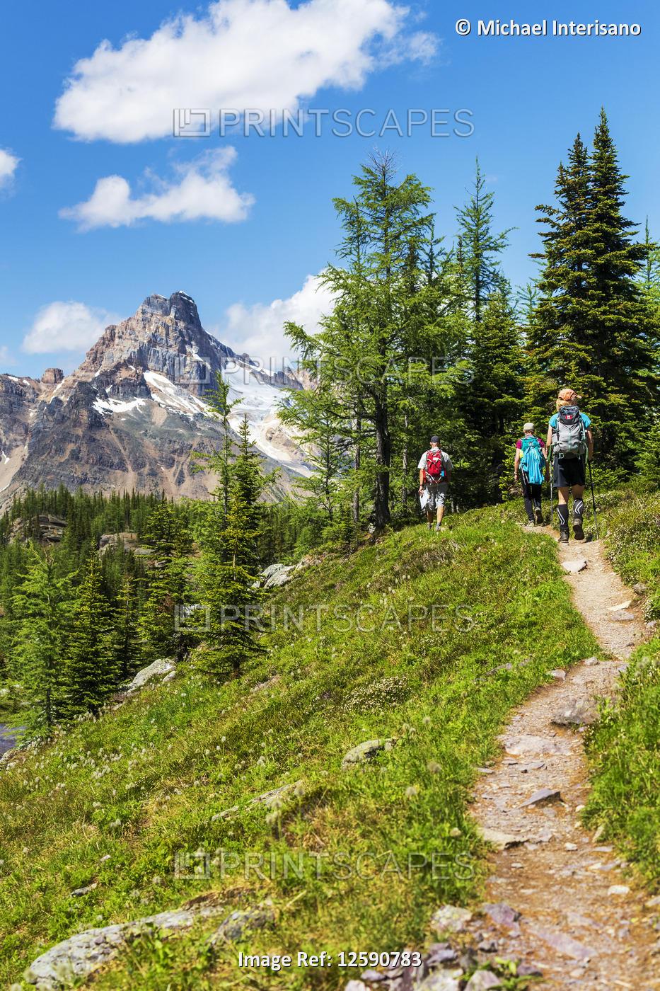 Hikers along a hilly mountain trail with mountain peak in the distance and blue ...