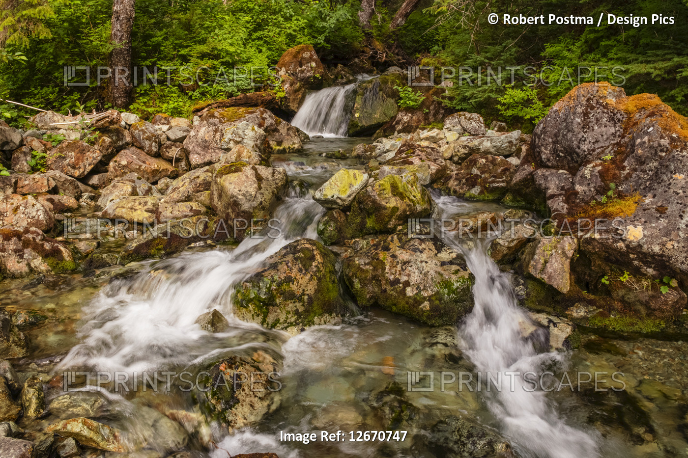 Mountain stream flowing as a waterfall in Prince William Sound; Alaska, United ...