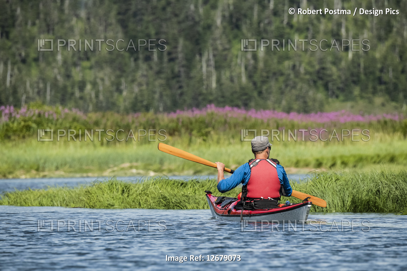 Kayaker paddling in Prince William Sound; Alaska, United States of America