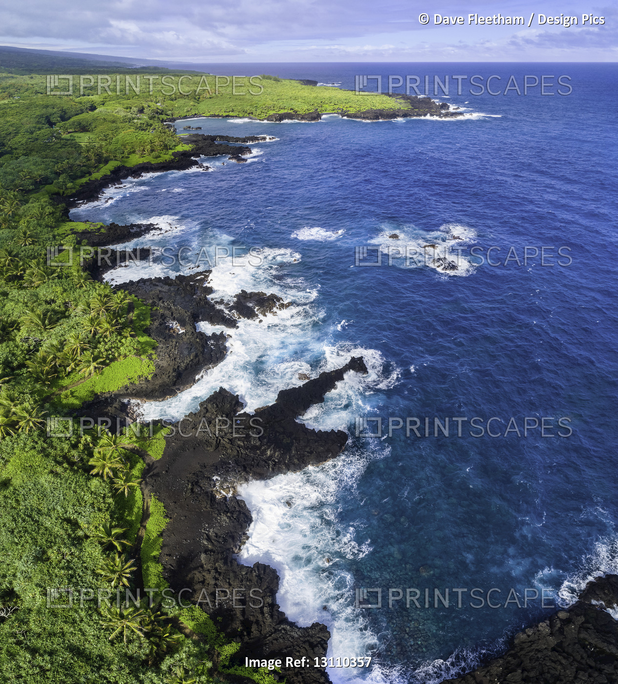 An aerial view of the coastline at Waianapanapa State Park, Hana, Maui, Hawaii. ...