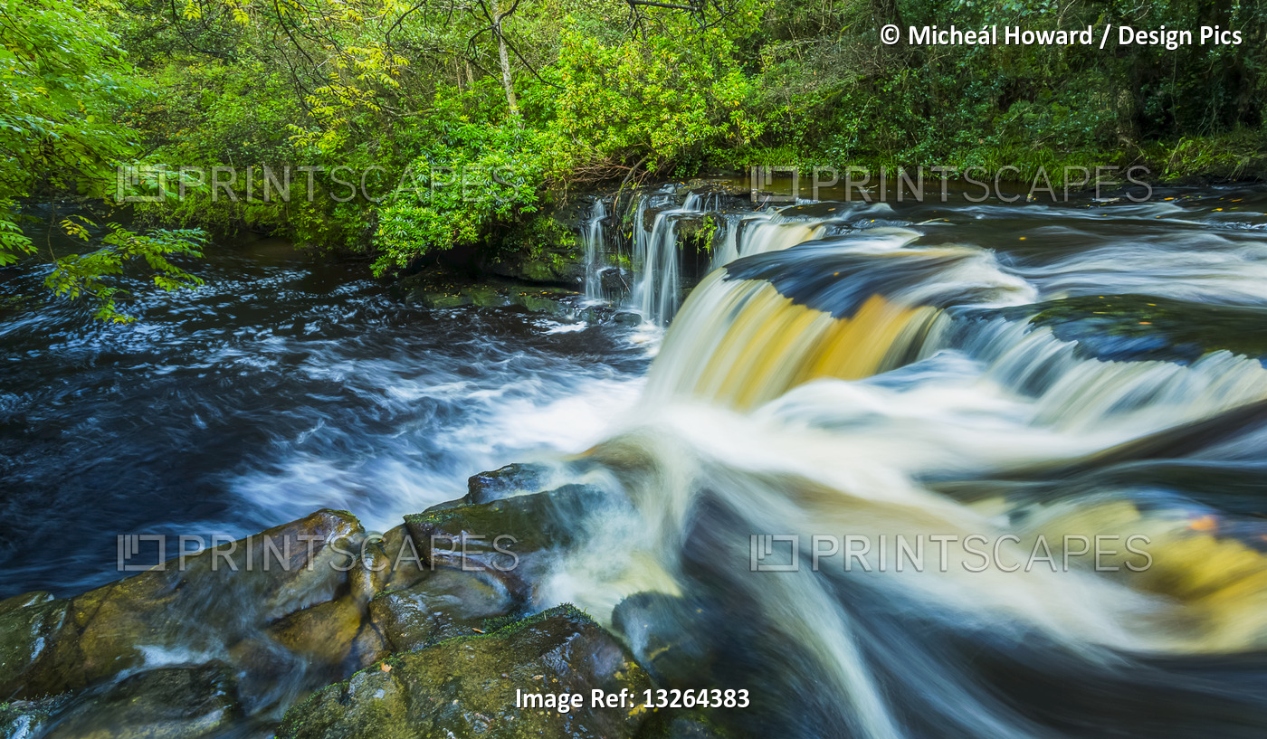 Water flows over the lip of a waterfall on a river in a forest in Ireland; ...