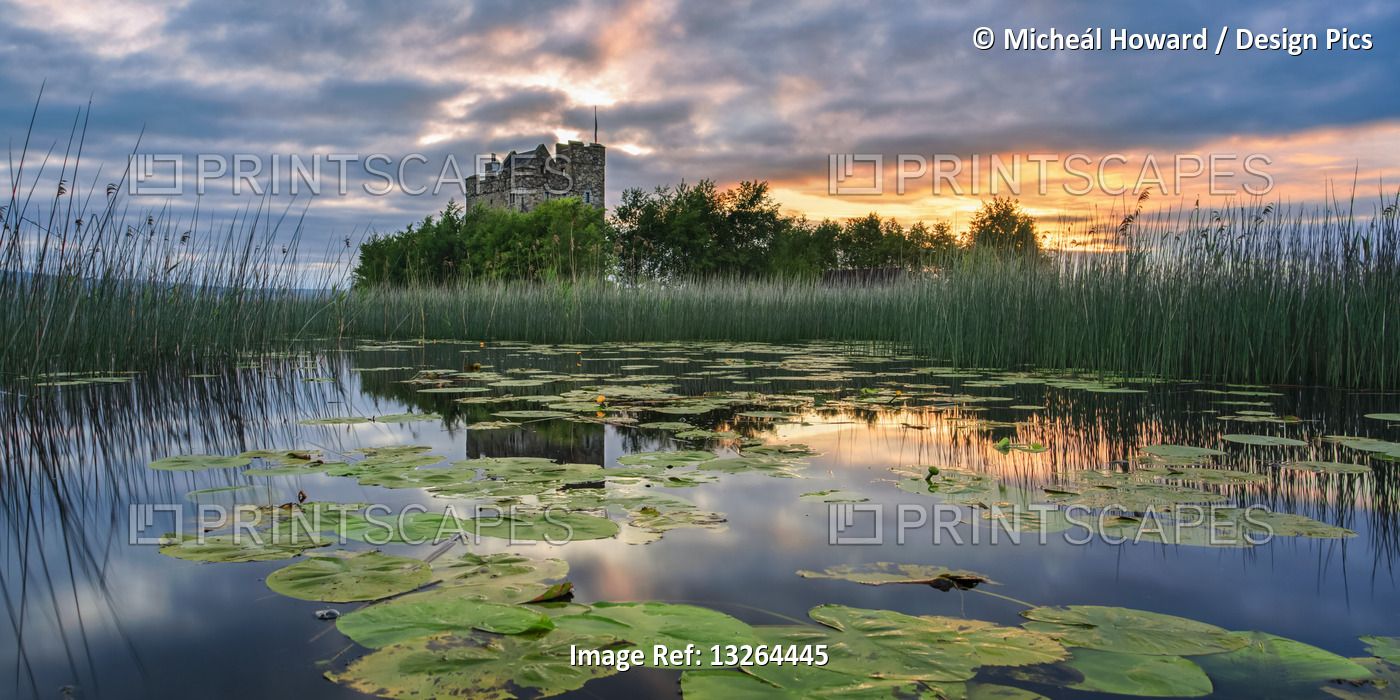 Small castle on an island on Lough Derg at sunrise in summer with lily pads ...