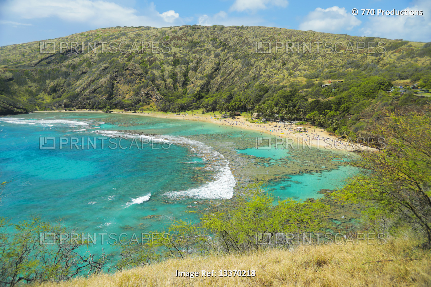 The bright turquoise water and lush foliage in Hanauma Bay, a popular ...