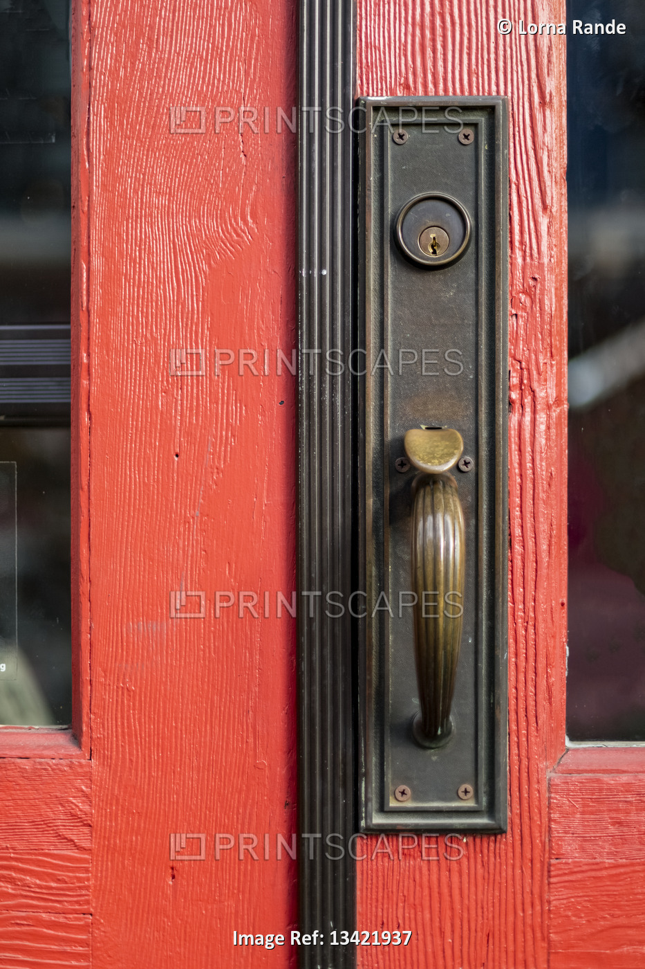 Door handle and lock on red painted door; Fairhaven, Washington, United States ...