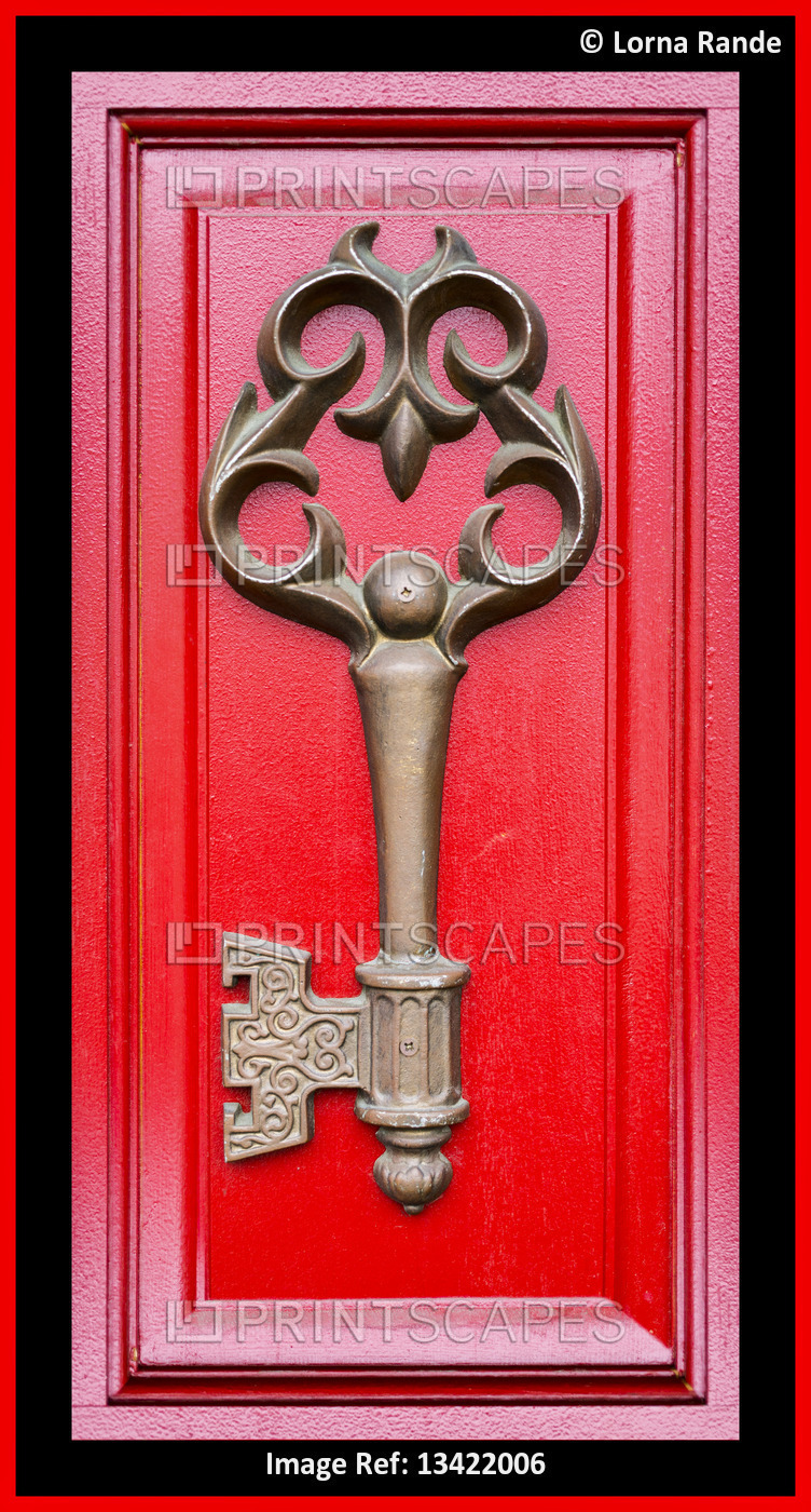 Painted door in bright red with a large decorative skeleton key; Edmonds, ...