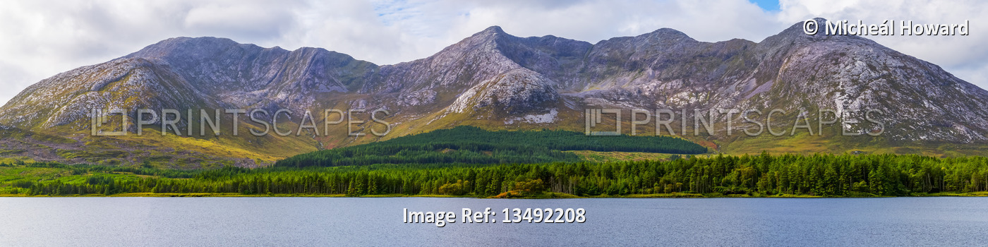 Panoramic view of the Twelve Bens Mountains with Lough Inagh in the foreground; ...