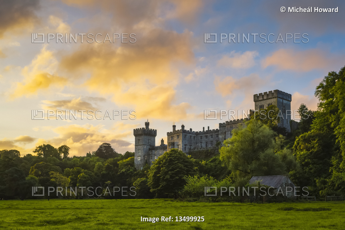 Lismore Castle at sunrise with an epic dramatic sky; Lismore, County Waterford, ...