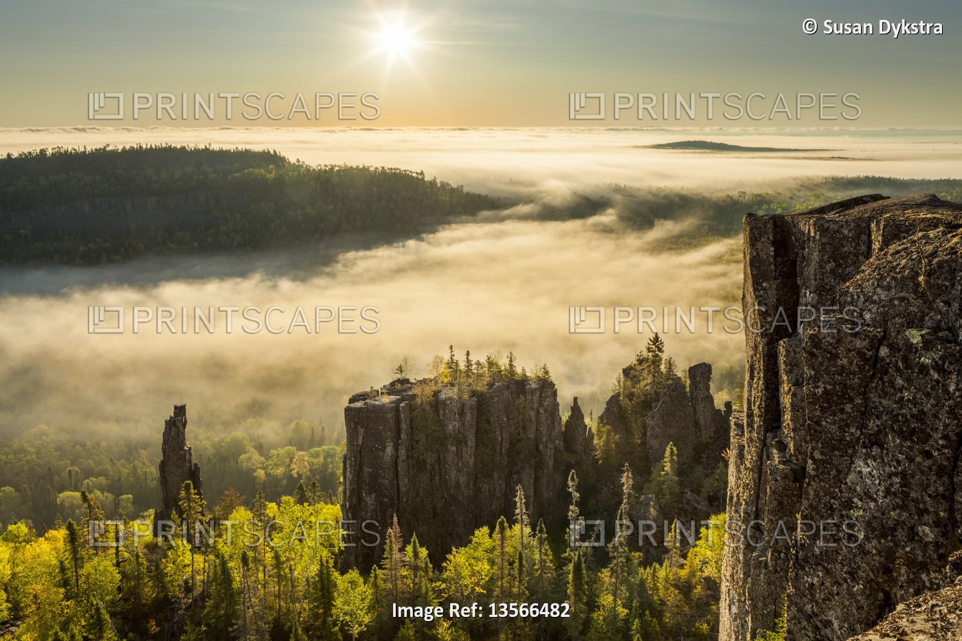 Sunrise over a misty, foggy valley in the Canadian Shield; Dorian, Ontario, ...