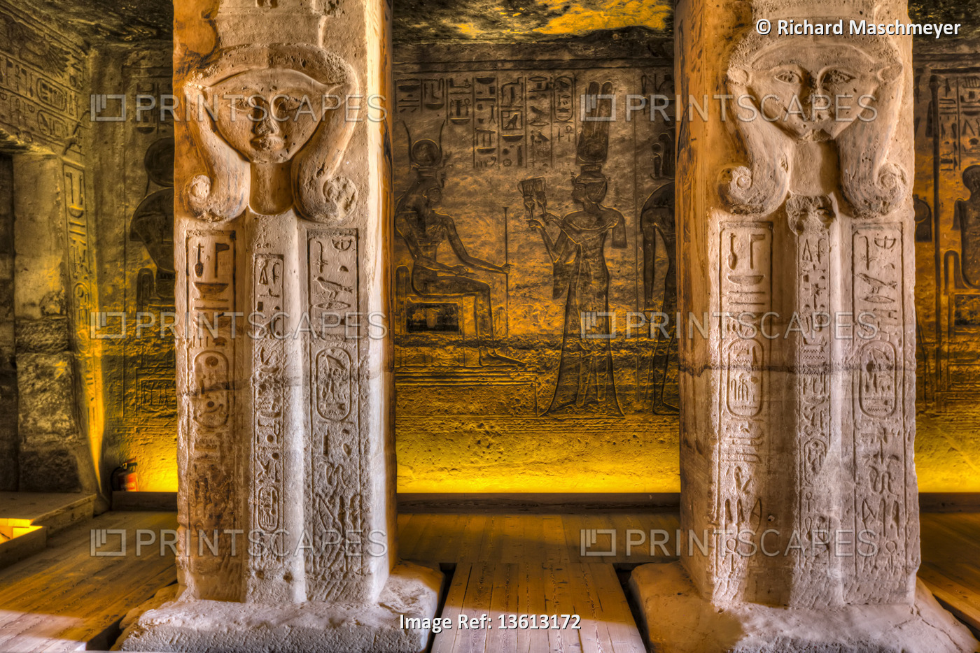 Square pillars, Goddess Hathor head, Temple of Hathor and Nefetari, Abu Simbel ...