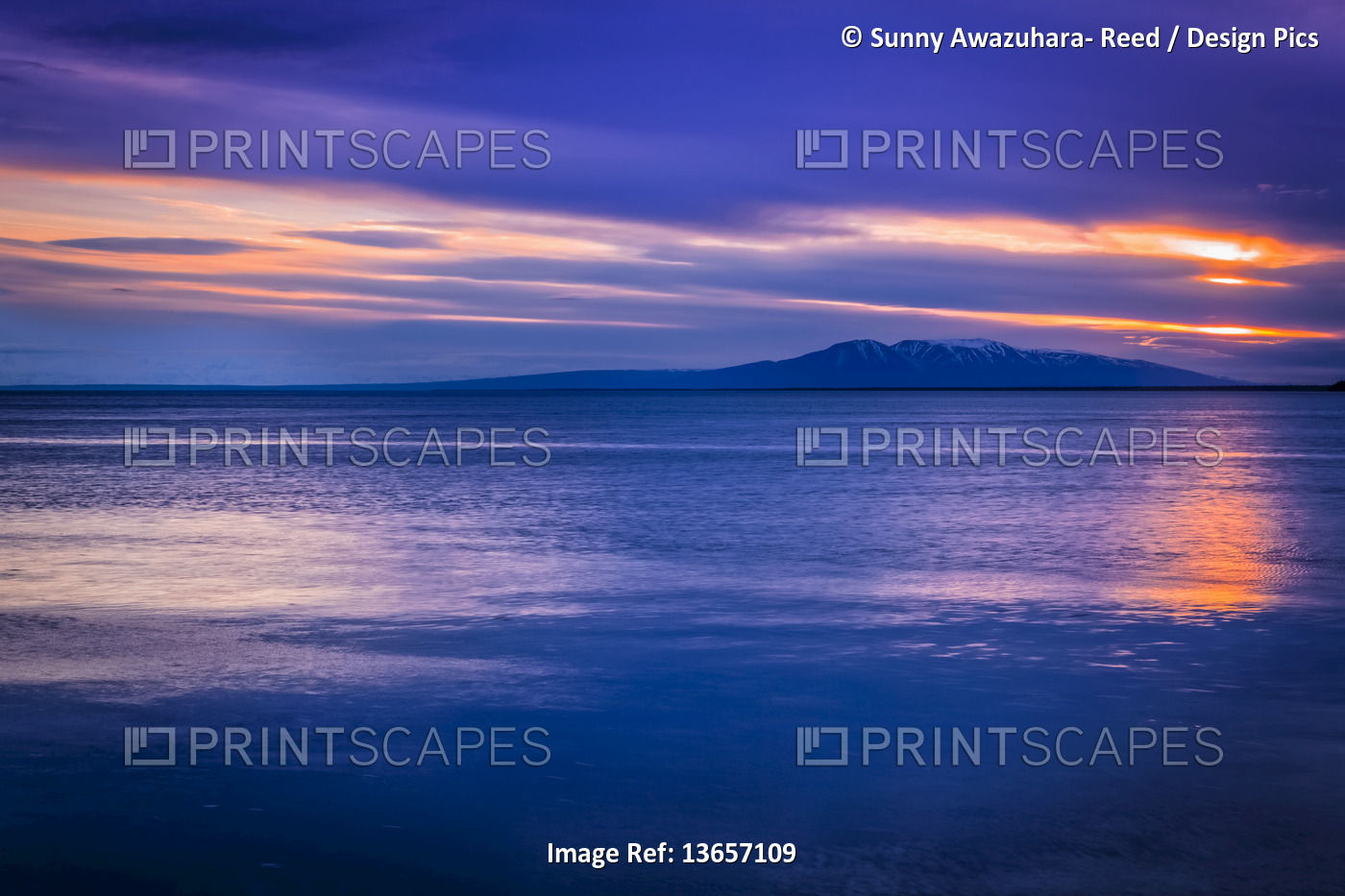 Pastel coloured sunset over Mount Susitina and Cook Inlet, South-central Alaska ...