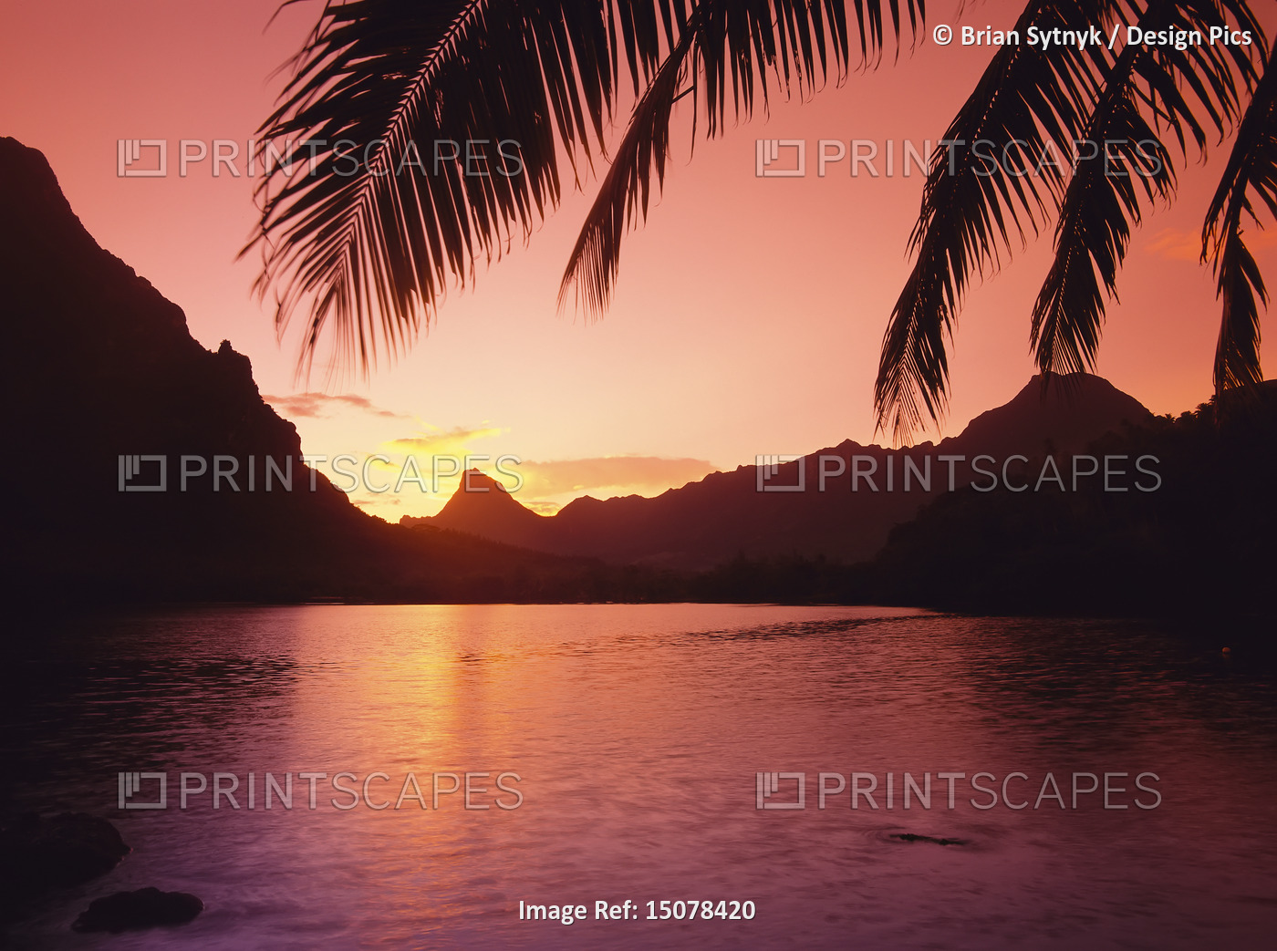 Sunrise over Mountains and Bay, Mouaputa Mountain, Cook's Bay, Moorea, Tahiti, ...