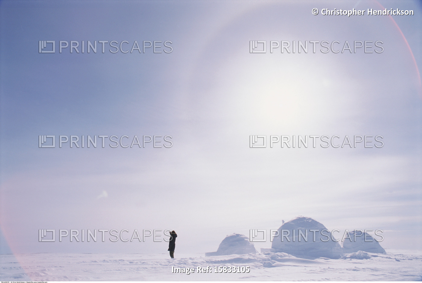 Person Standing by Igloos, Queen Maud Gulf, Nunavut, Canada